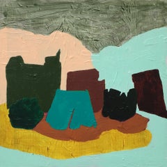 Recollection 155 (Baía do Tejo), green abstracted still life painting on panel