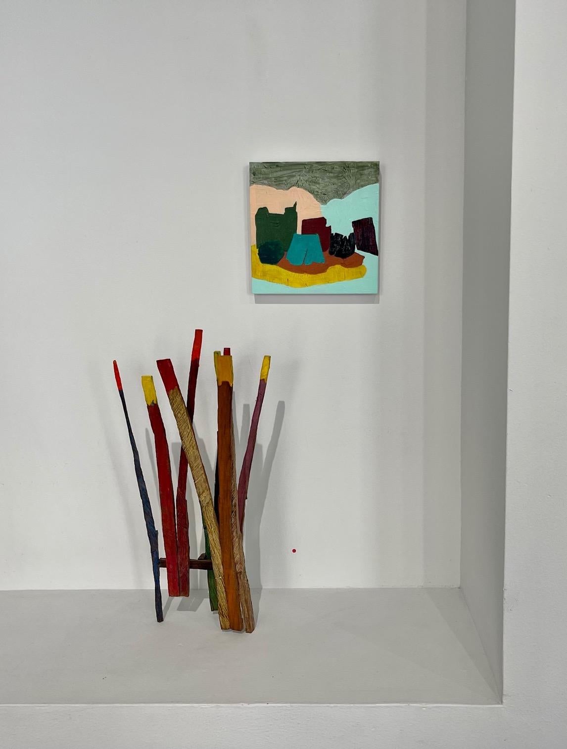 Recollection 155 (Baía do Tejo), green abstracted still life painting on panel - Painting by Barbara Marks