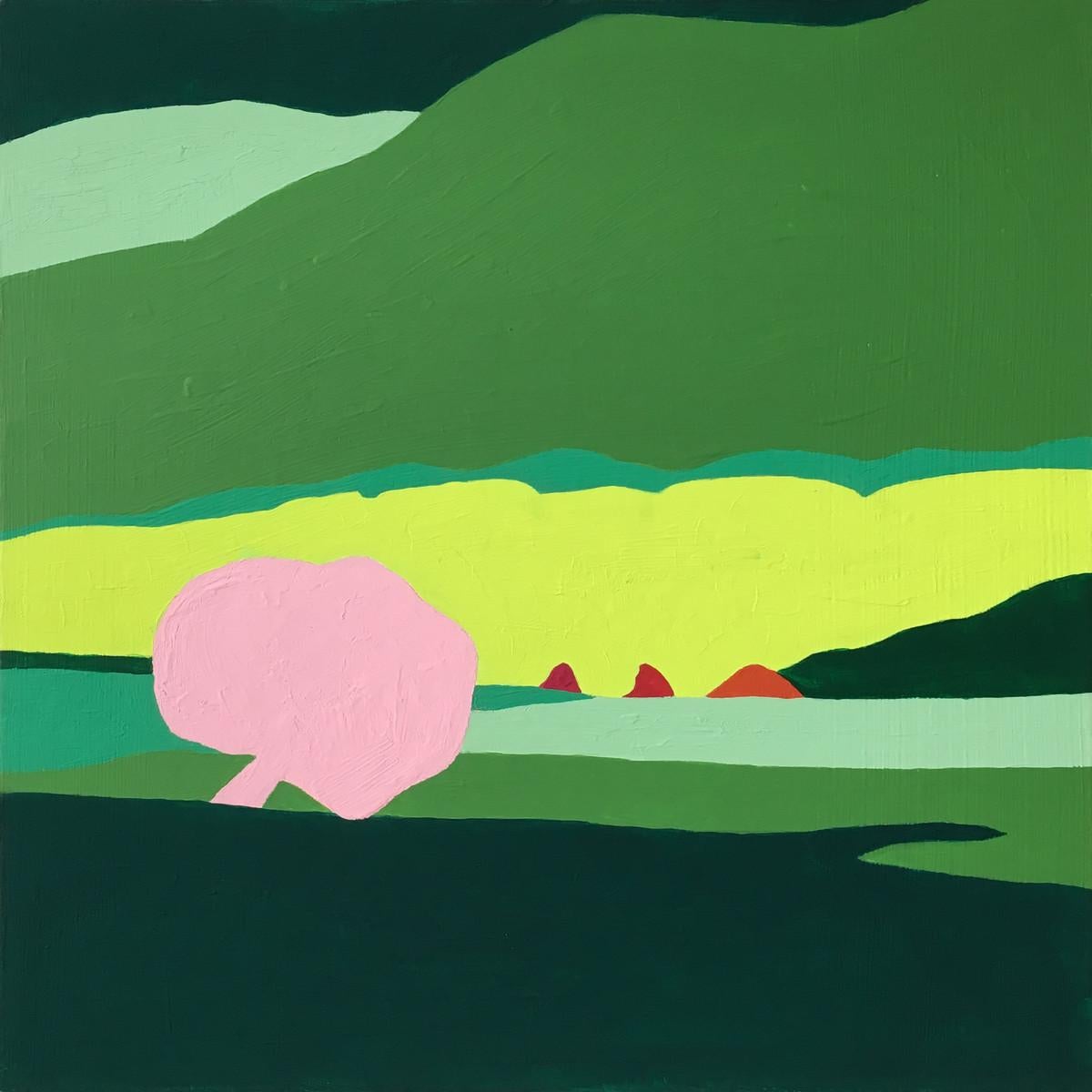 Barbara Marks Abstract Painting - Recollection 93 (Brush Creek), abstract painting of green hills and pink tree