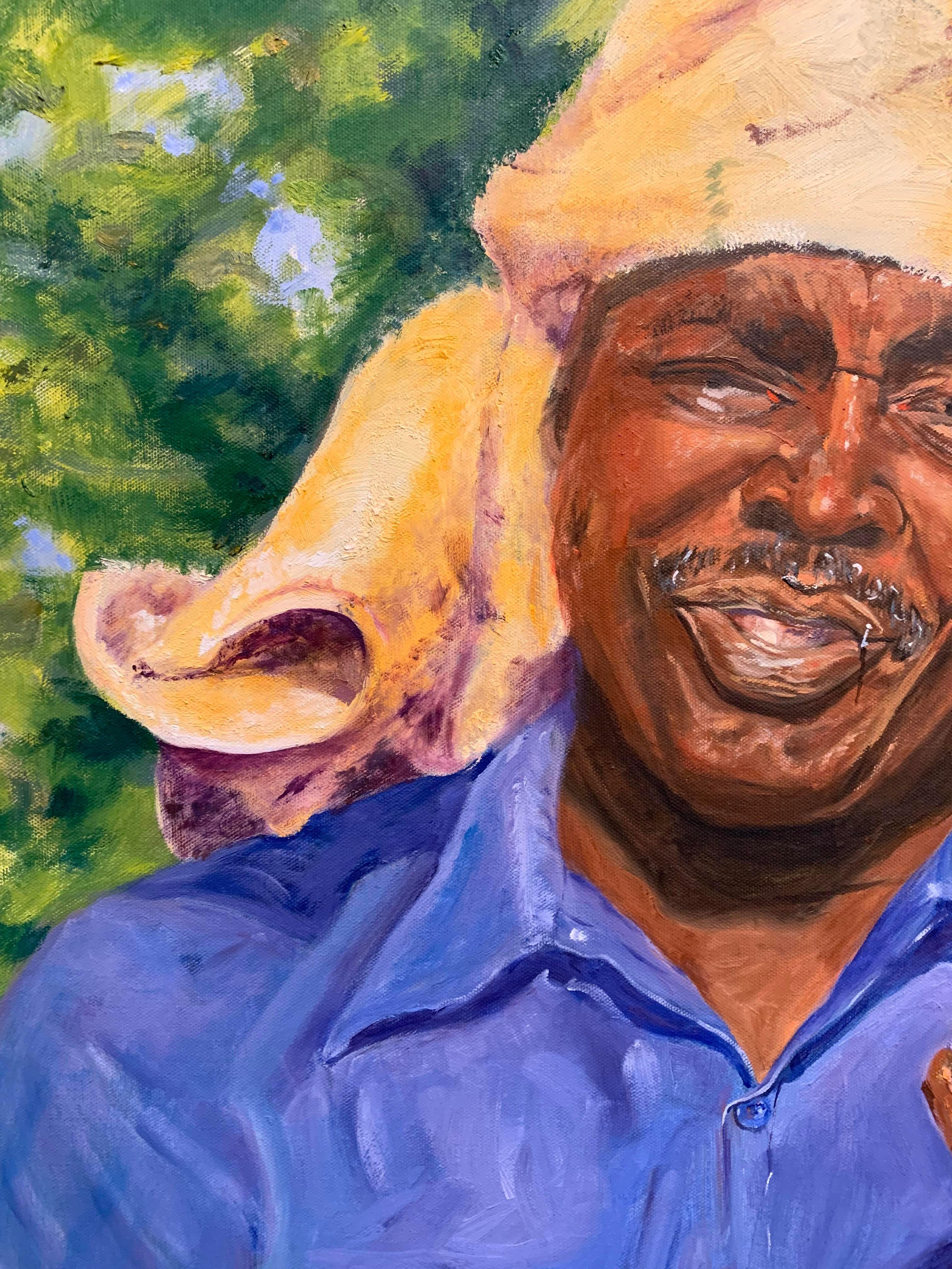 This oil on canvas painting is of an agricultural worker in the Hudson Valley. The artist painted migrant workers on a farm in this series of works. His smiling face is a sharp contrast to the fact that he's working. Beautiful colors, such as royal