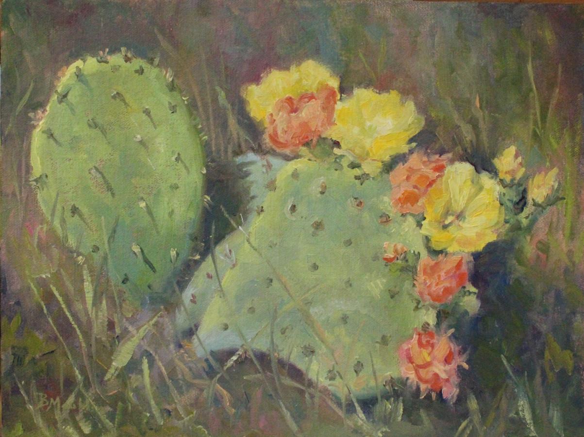 BARBARA MAULDIN Landscape Painting - "CAN'T MAKE UP MY MIND" BLOOMING PRICKLY PEAR CACTUS TEXAS