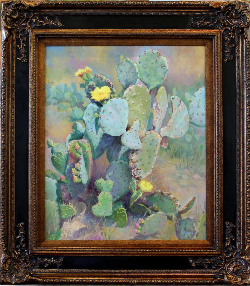BARBARA MAULDIN Landscape Painting - "LIFE IS A STRUGGLE" PRICKLY PEAR CACTUS TEXAS HILL COUNTRY FRAMED 34 X 30 