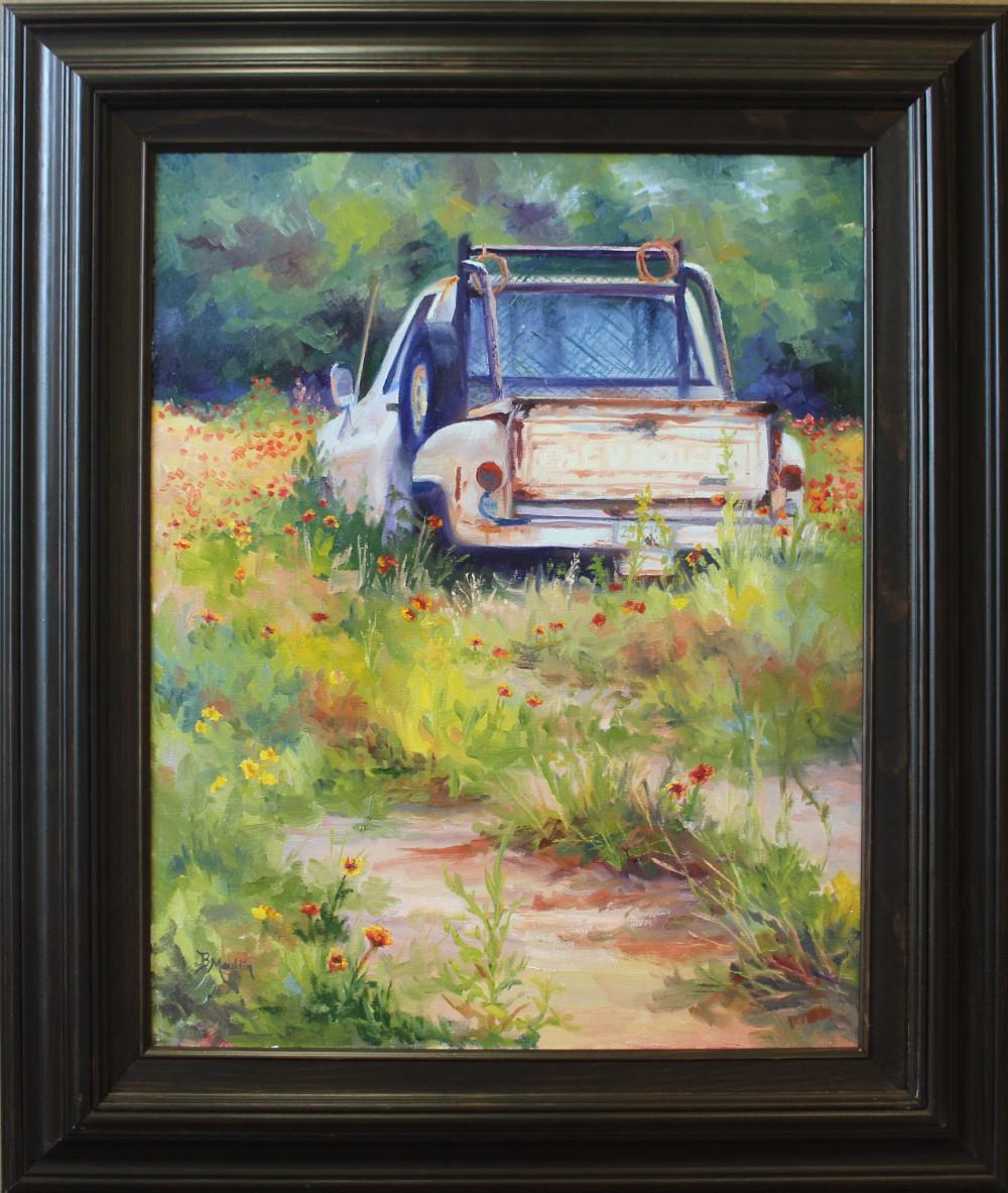 BARBARA MAULDIN Landscape Painting - "LUNCH BREAK" TEXAS HILL COUNTRY TRUCK
