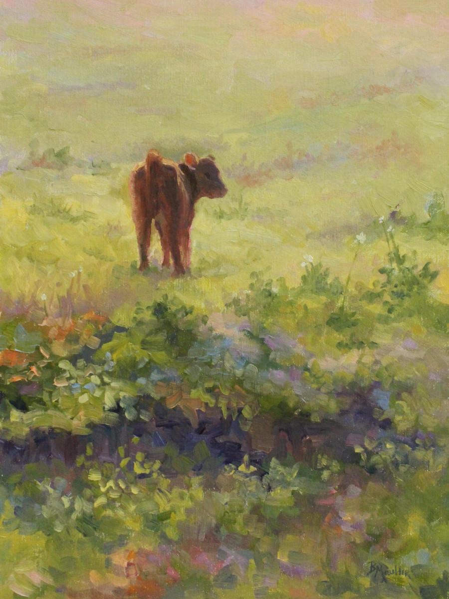 BARBARA MAULDIN Landscape Painting - "MAMA" TEXAS HILL COUNTRY CALF
