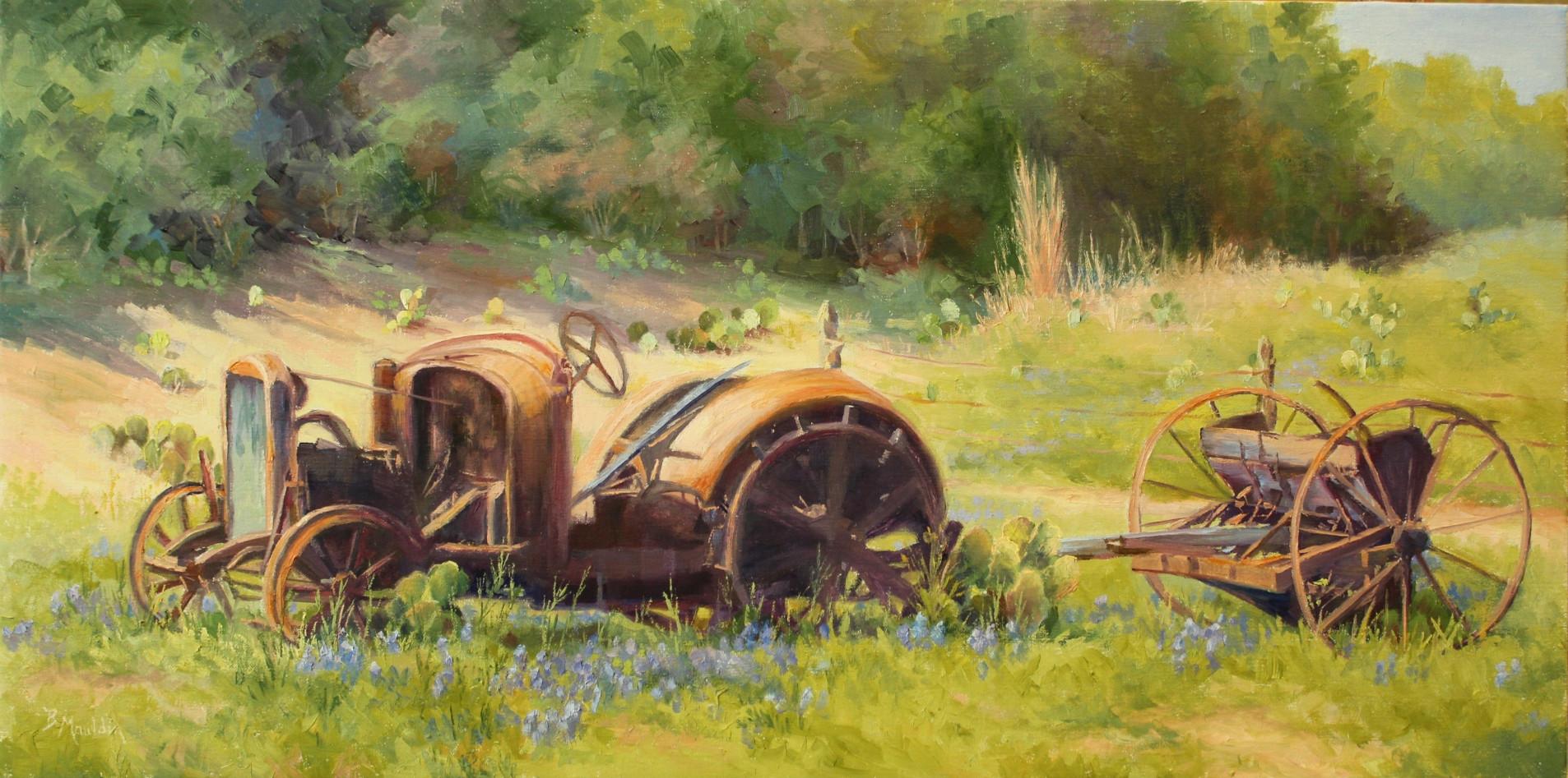 Modèle T TRACTOR TEXAS LANDSCAPE WILLOW CITY STILL LIFE  Taille 22 x 36 avec cadre - Painting de BARBARA MAULDIN
