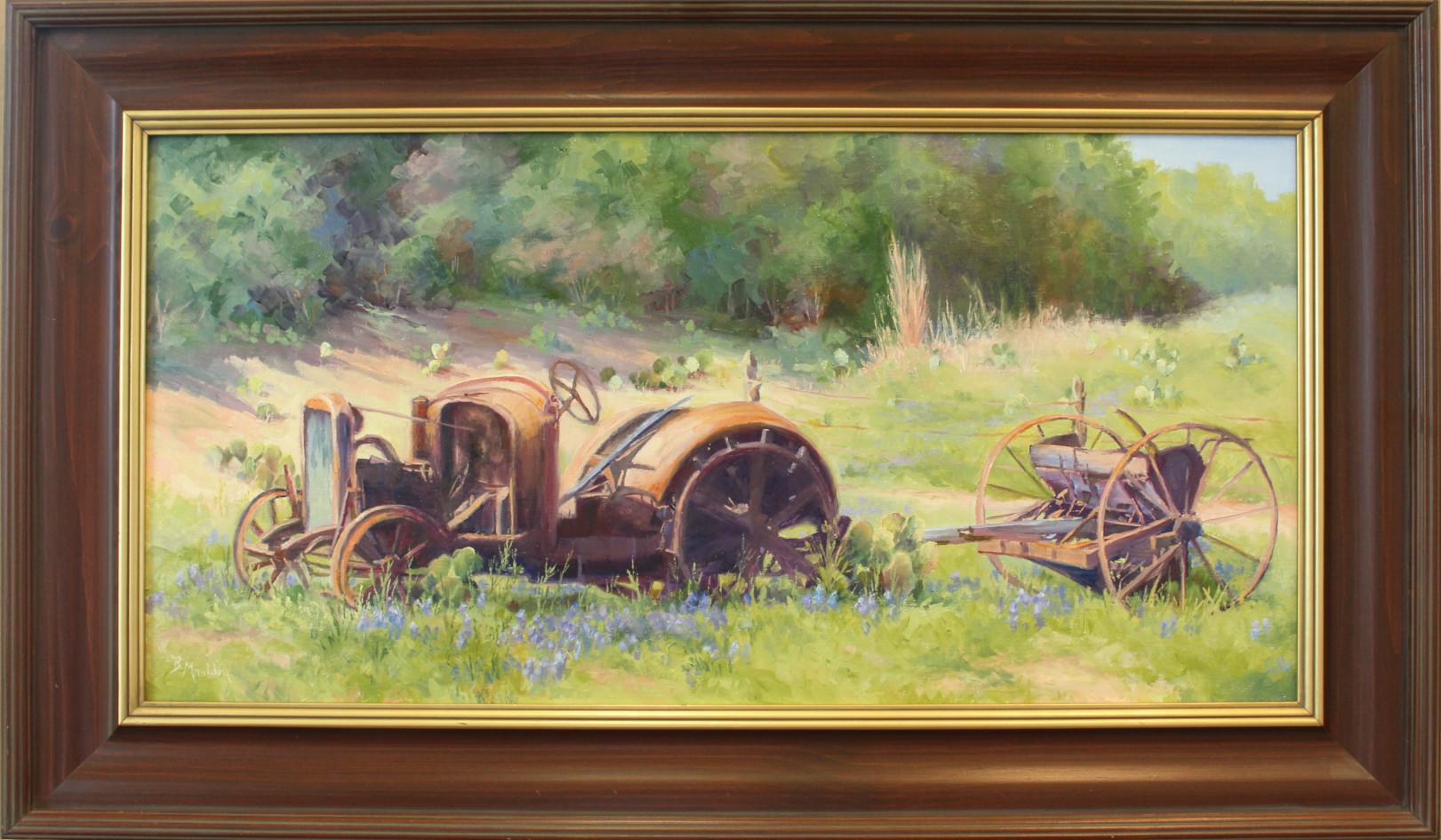 BARBARA MAULDIN Landscape Painting - "WILLOW CITY STILL LIFE" MODEL T TRACTOR TEXAS LANDSCAPE  22 x 36 Framed size