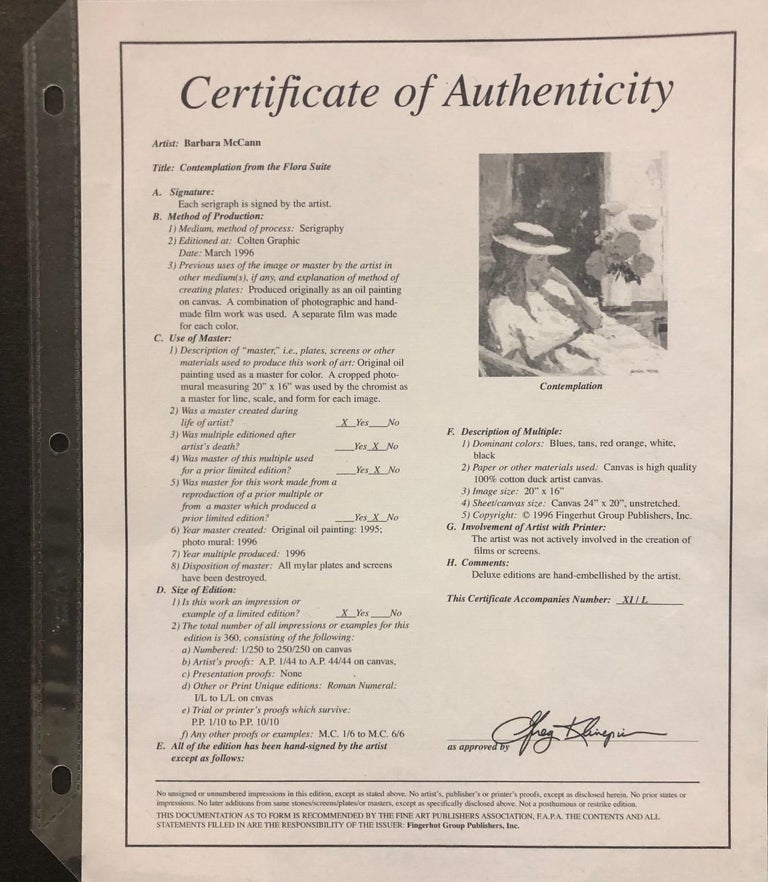 Barbara Mccann Contemplation From The Flora Suite Limited Edition Giclee On Canvas With Coa At 1stdibs