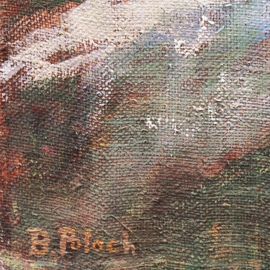 A substantial, semi-abstract, oil seascape showing a view of a tidepool and surf pounding on coastal rocks. 

Signed lower left, 'B. Polach' for Barbara Polach (American, 1926-2009), a California Bay Area artist, and painted circa 1965; additionally