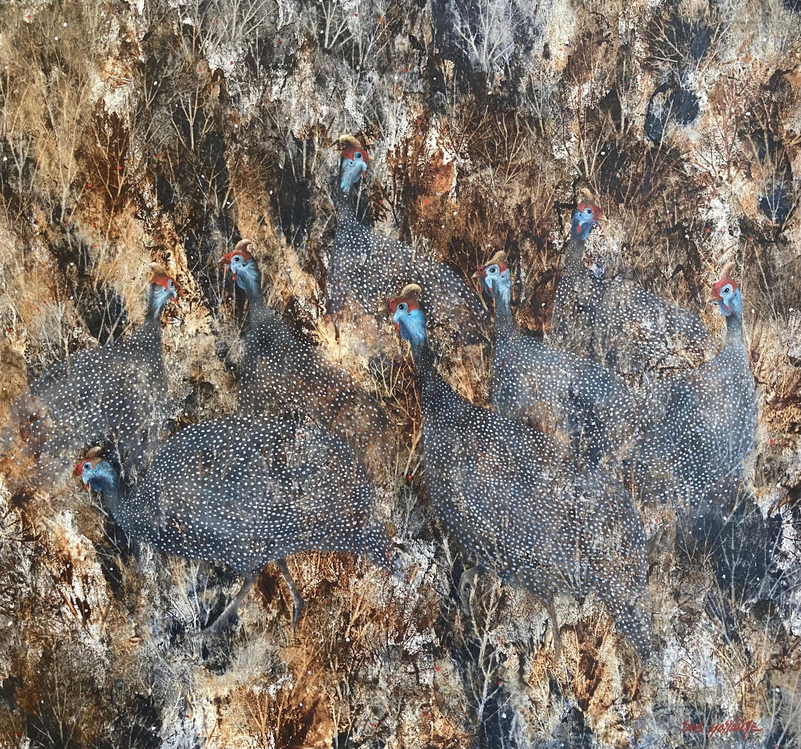 Barbara Rae Norridge Animal Painting - Spotted Confusion, Wildlife Painting of Guinea Fowls