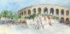 A Manade in Arles par Barbara Robinson - Huile sur toile 50x100 cm