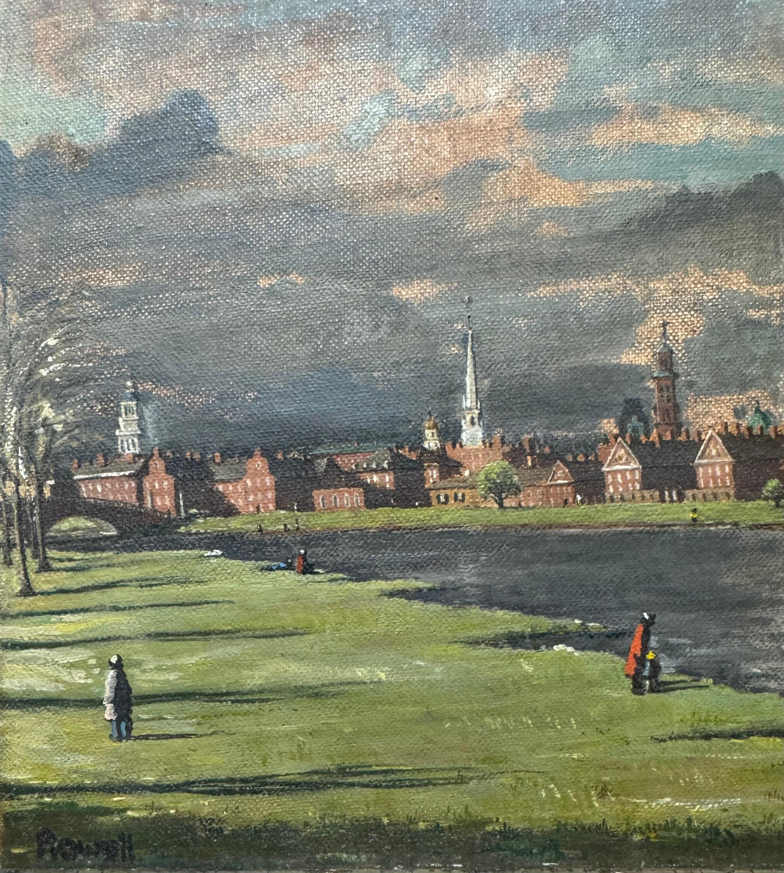 American Female Realist PANORAMIC Landscape HARVARD Cambridge - Brown Landscape Painting by Barbara Rosell