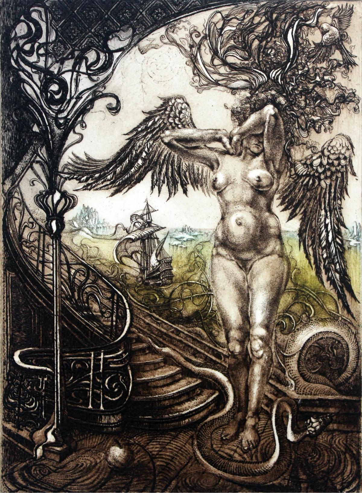 Barbara Rosiak Figurative Print - Temptation - XX Century, Figurative Etching Print, Nude, Landscape, Fantasy