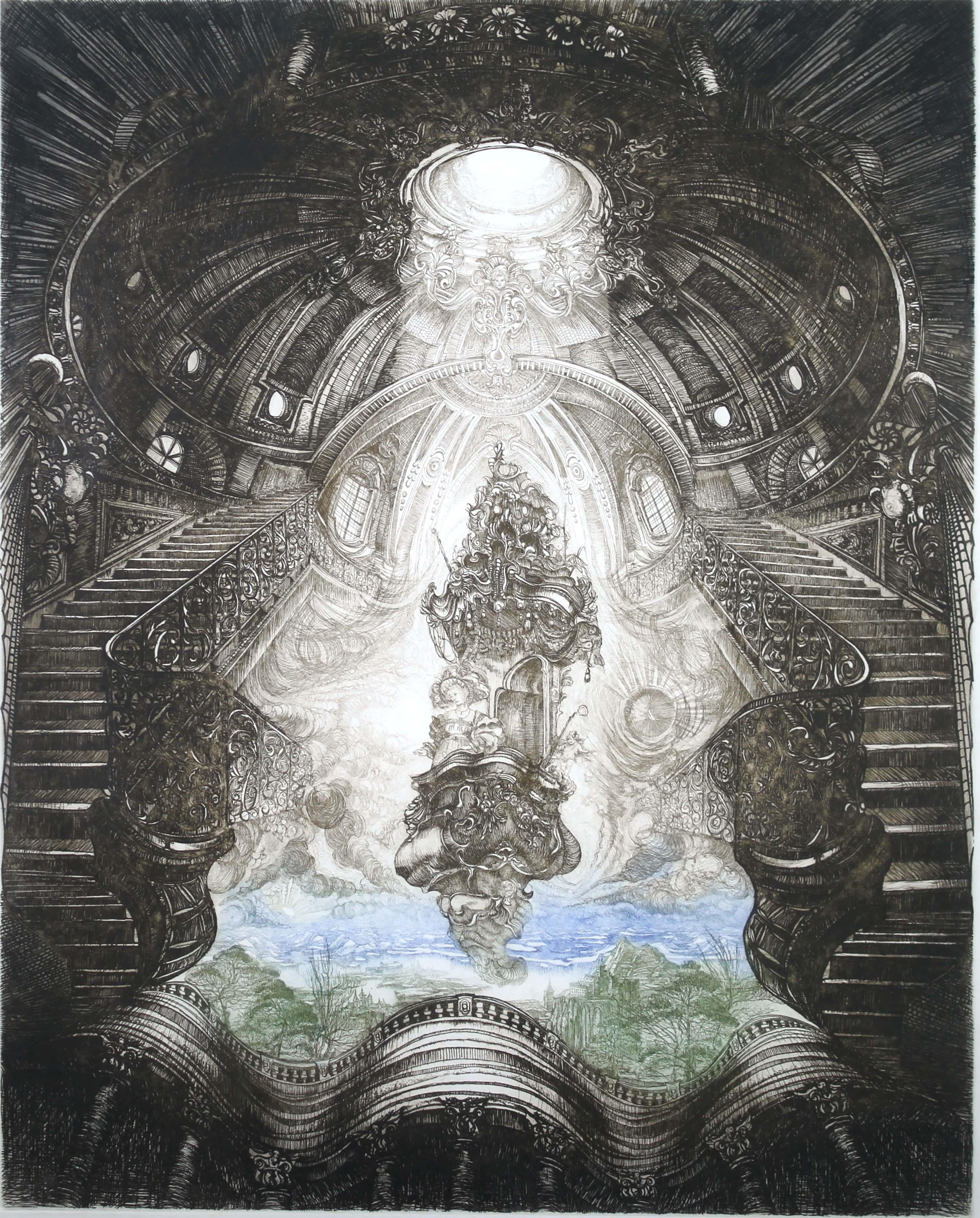 A baroque meets surreal color aquatint etching on paper titled 