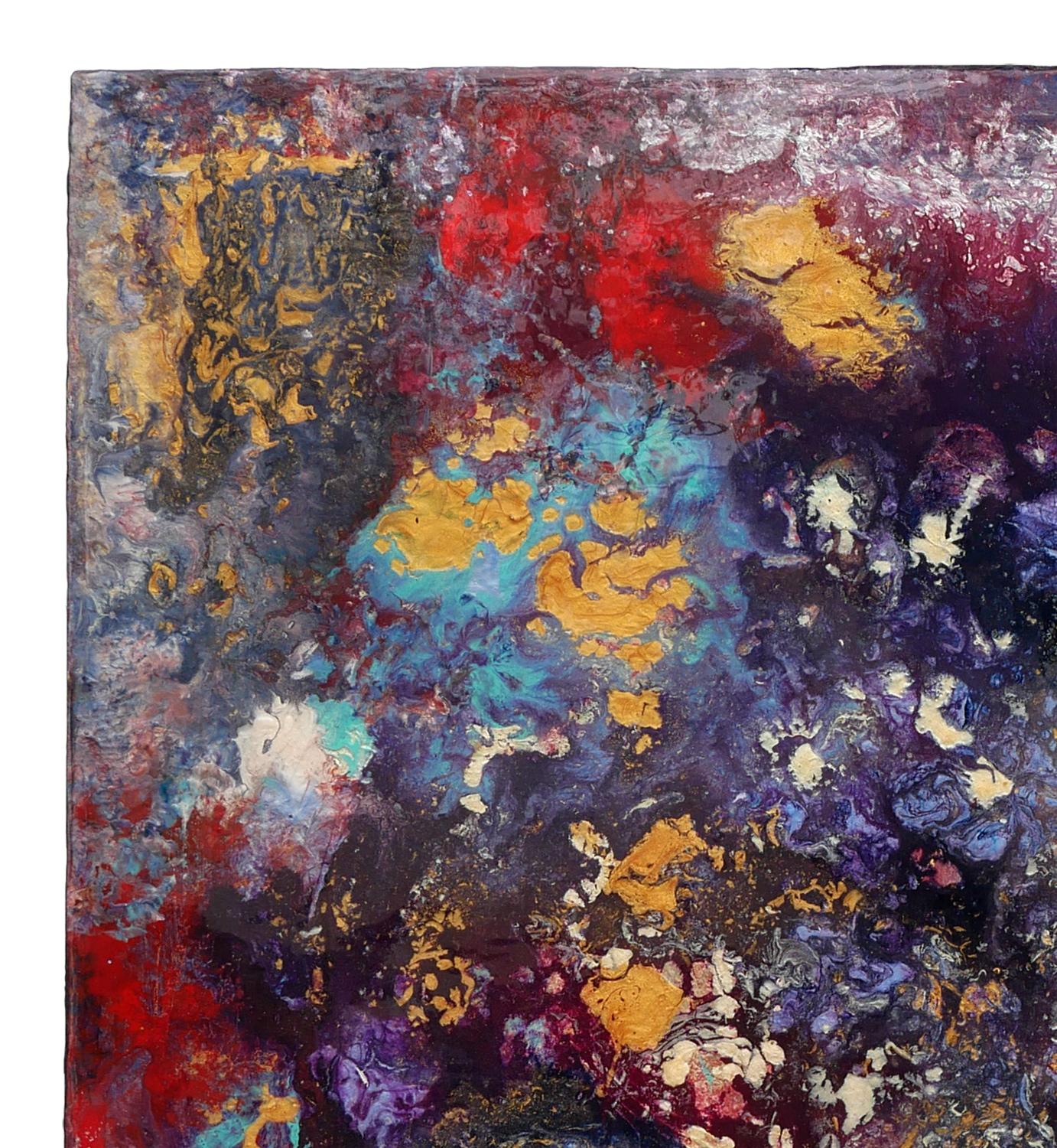 Vibrant red, purple, blue, and gold abstract expressionist painting by Houston, TX artist Barbara Rubenstein. Signed, titled, and dated by the artist at the back. Unframed but framing options are available. 

Artist Statement
​