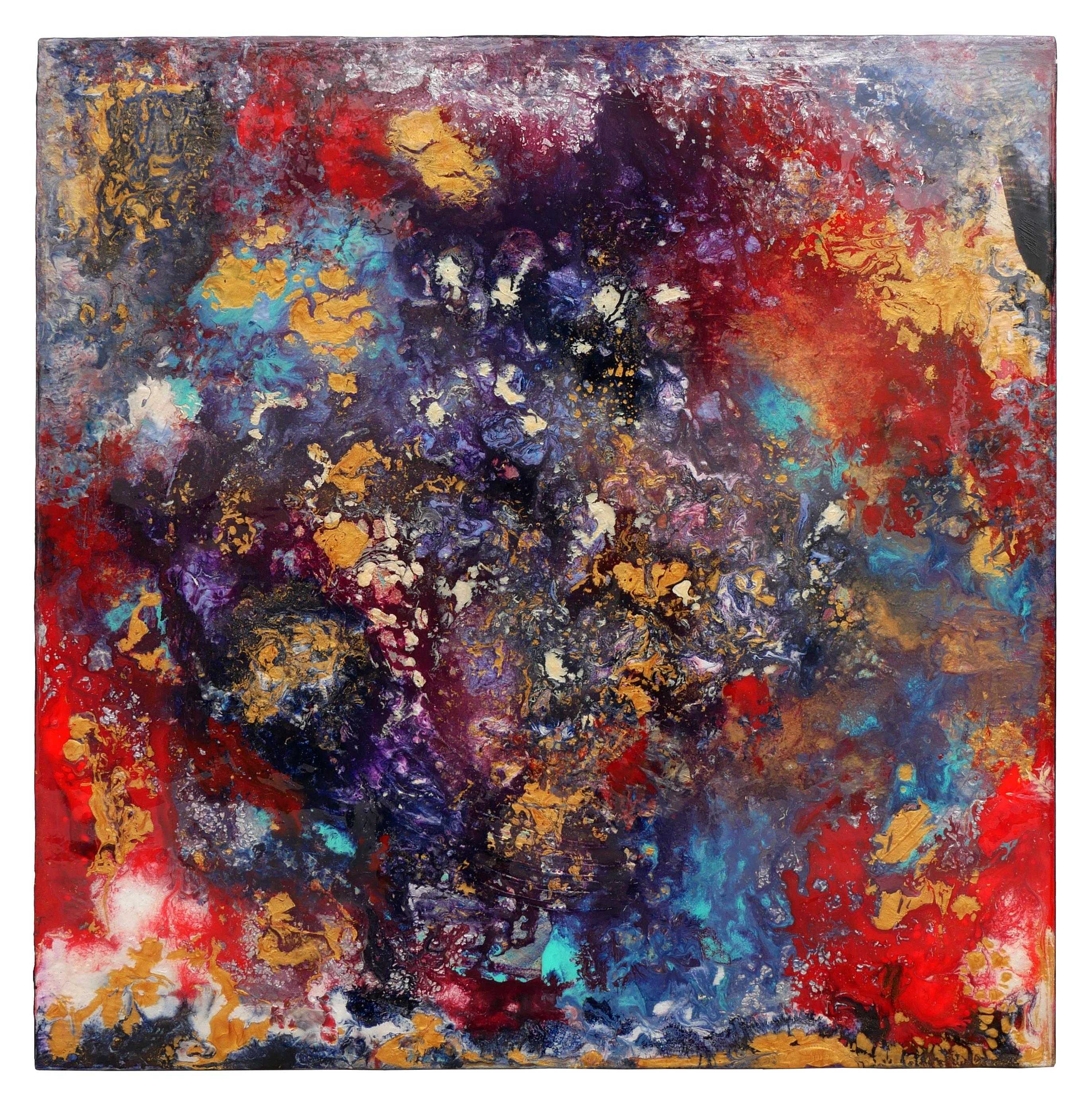 Barbara Rubenstein Abstract Painting - "Introspection" Vibrant Red, Purple, Blue and Gold Abstract Square Painting 