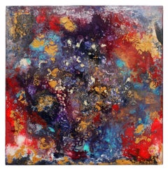 "Introspection" Vibrant Red, Purple, Blue and Gold Abstract Square Painting 