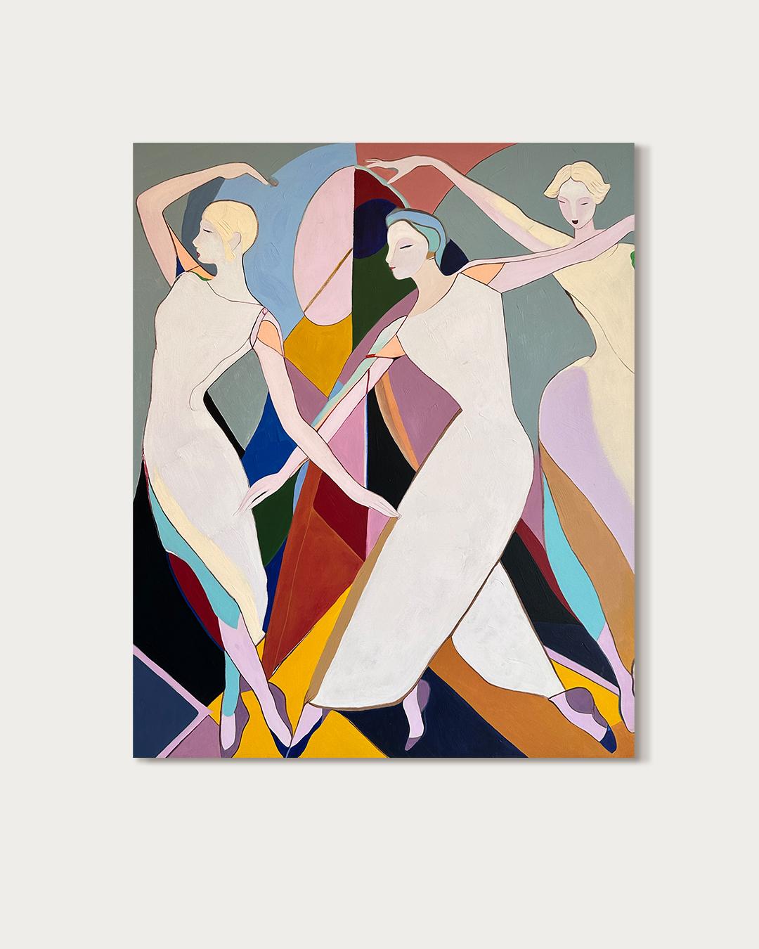 Tangled in Rhythm by B. Schaumann - Contemporary Abstract Dancers Painting - Abstract Painting Beige de Barbara Schaumann