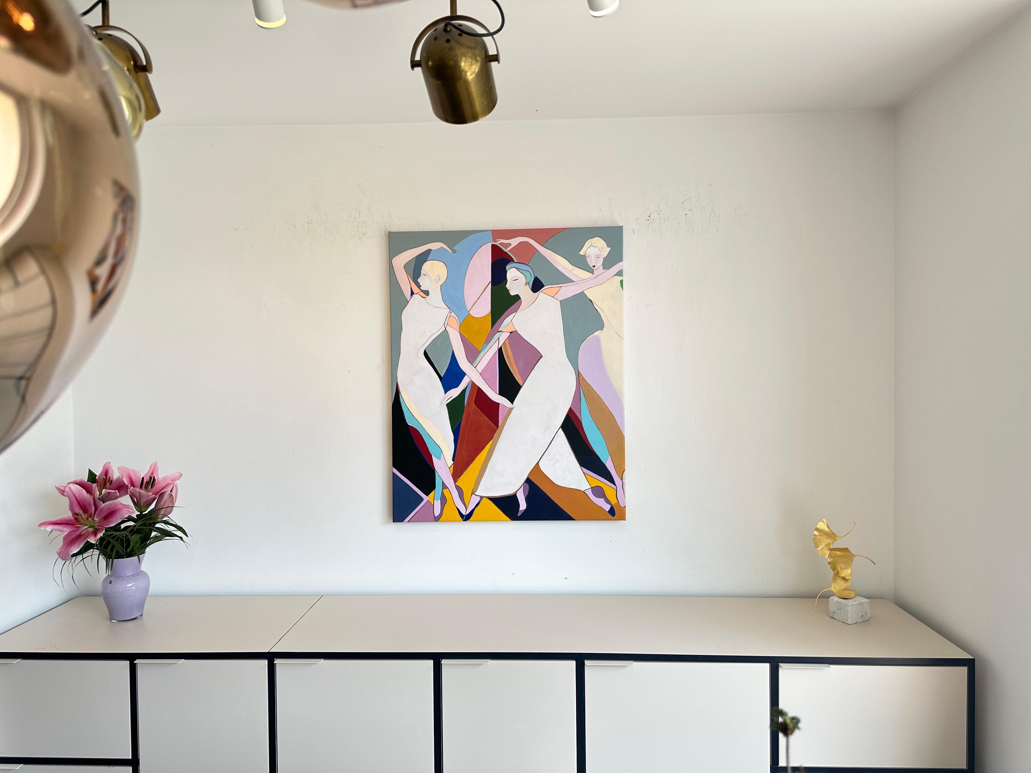 Tangled in Rhythm di B. Schaumann - Pittura astratta contemporanea di danzatori - Figurative Painting Beige di Barbara Schaumann