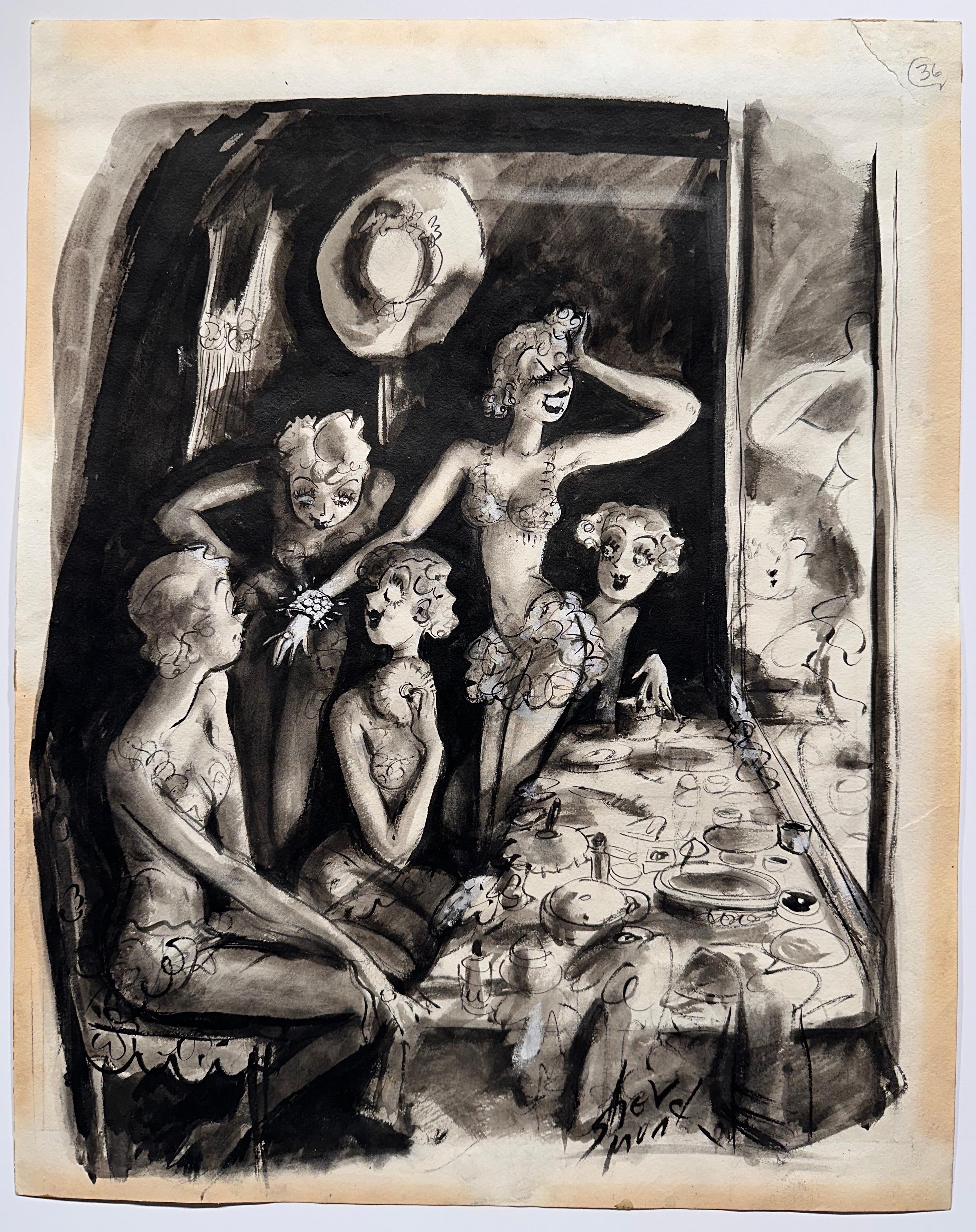 BARBARA SHERMUND Figurative Painting - Life Magazine Art Deco Showgirls Cartoon