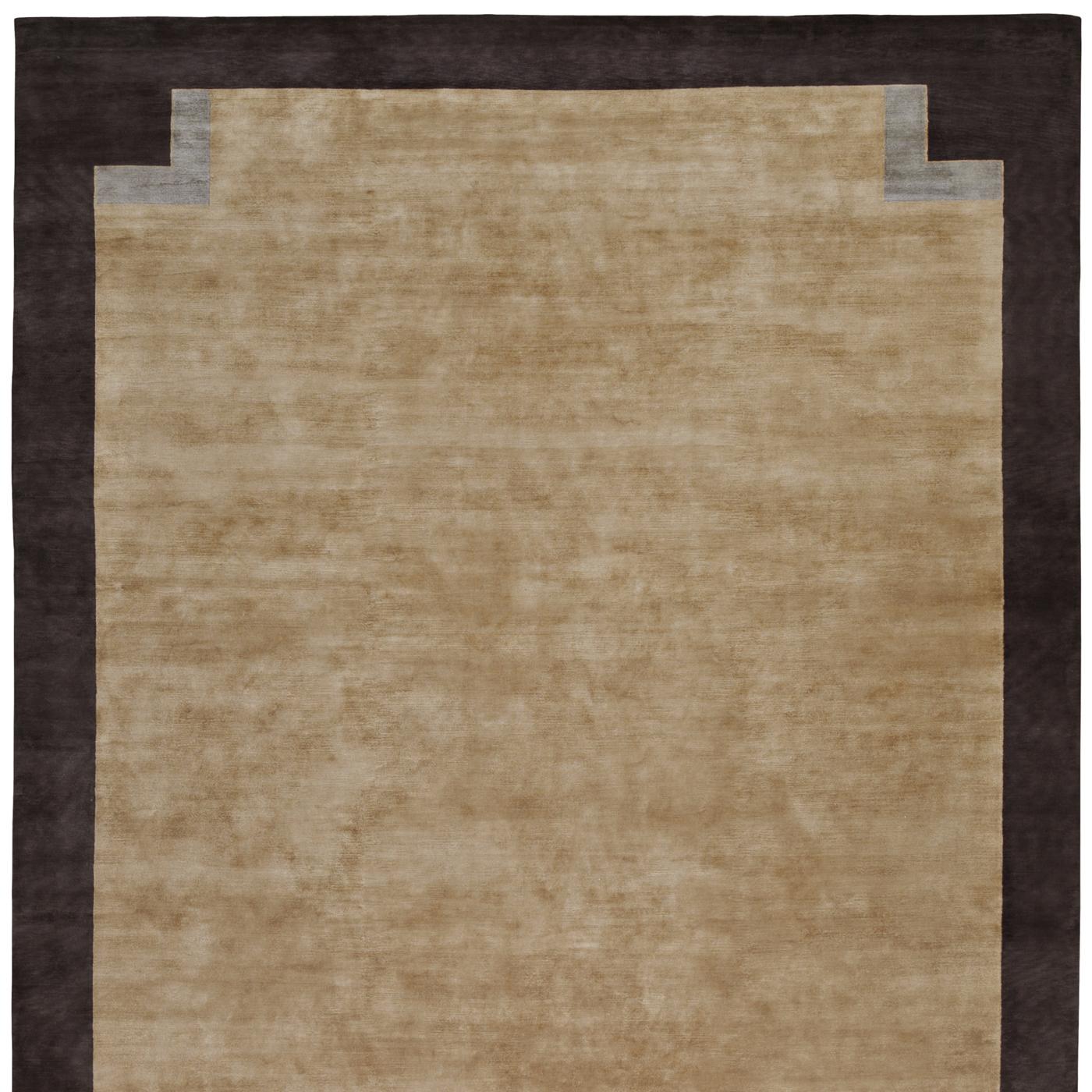 This sophisticated carpet was entirely hand-knotted using 100% pure silk for a soft and luxurious effect. Designed by Barbara Frua De Angeli exclusively for Alberto Levi Gallery, this rug features a black trim that is adorned at the corners with