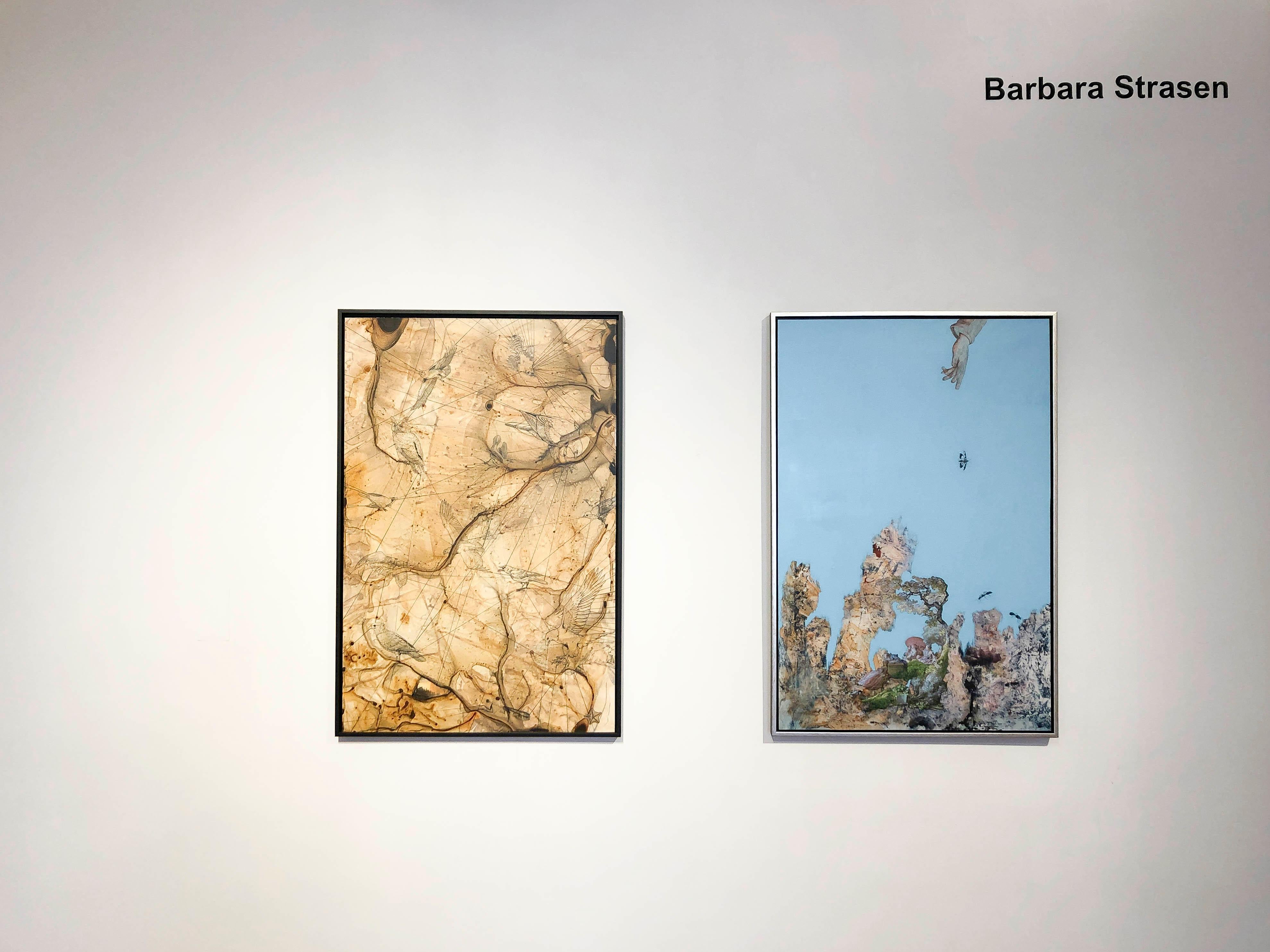 Aviary, neutral abstracted birds, mixed media - Painting by Barbara Strasen