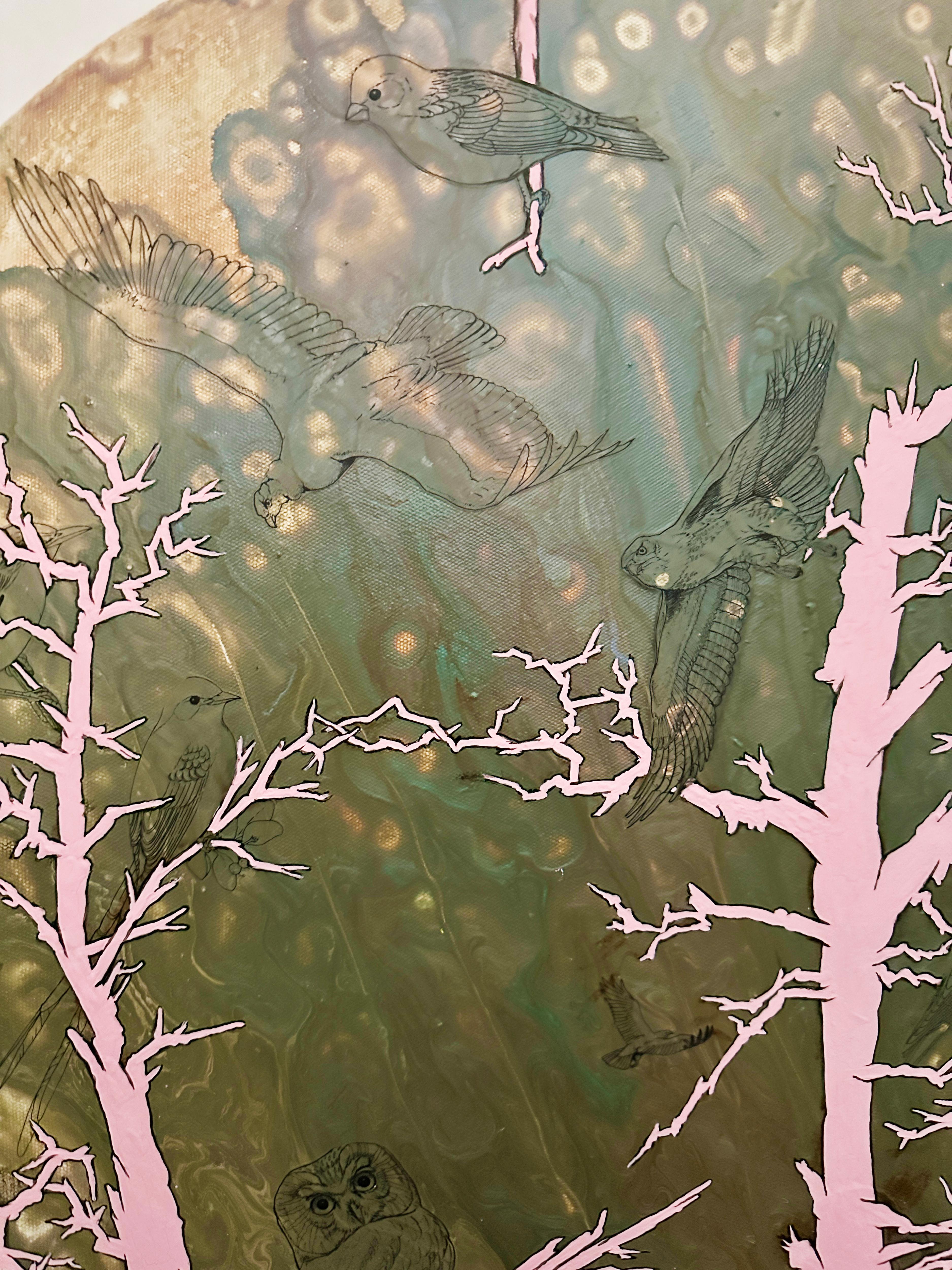 BIRD TREES, animals, plants, landscape, pink, earth tones, illustrative - Painting by Barbara Strasen
