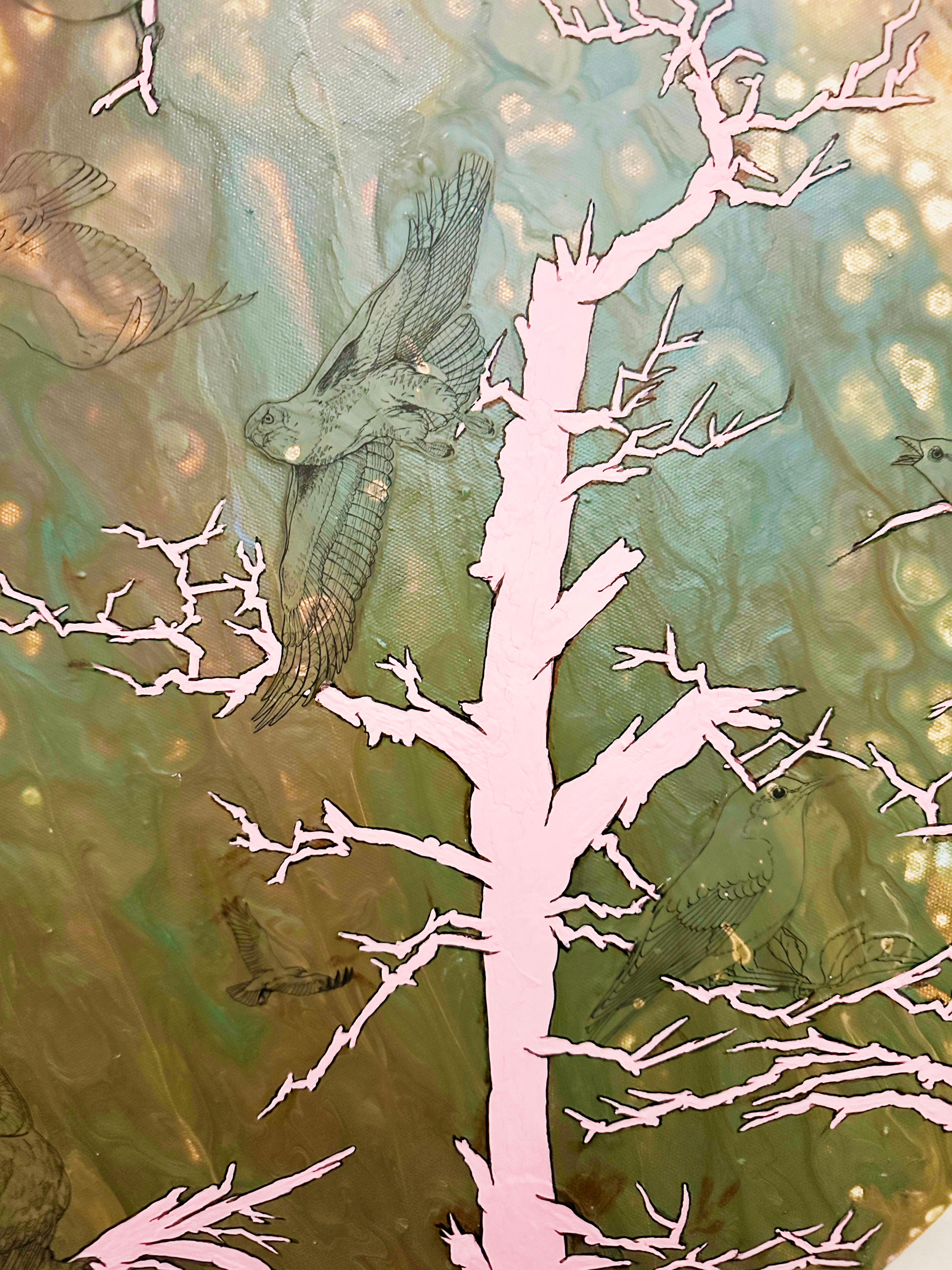 BIRD TREES, animals, plants, landscape, pink, earth tones, illustrative - Contemporary Painting by Barbara Strasen
