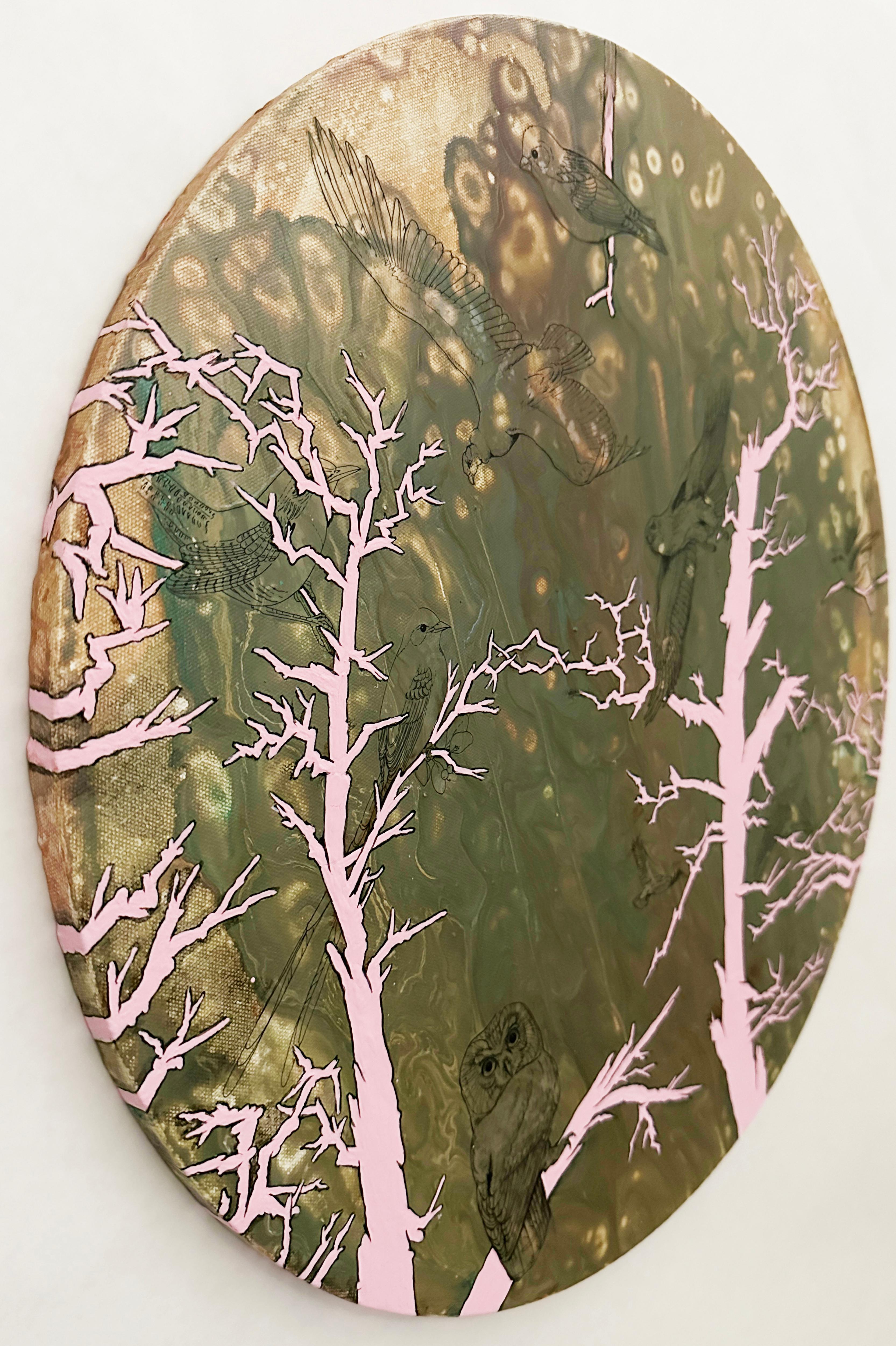BIRD TREES, animals, plants, landscape, pink, earth tones, illustrative - Gray Landscape Painting by Barbara Strasen
