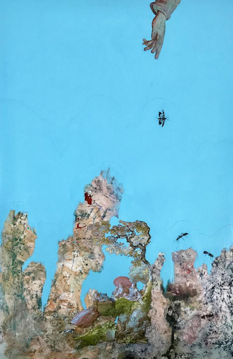 Barbara Strasen Figurative Painting - CHINOISERIE, bright blue mixed media painting on paper