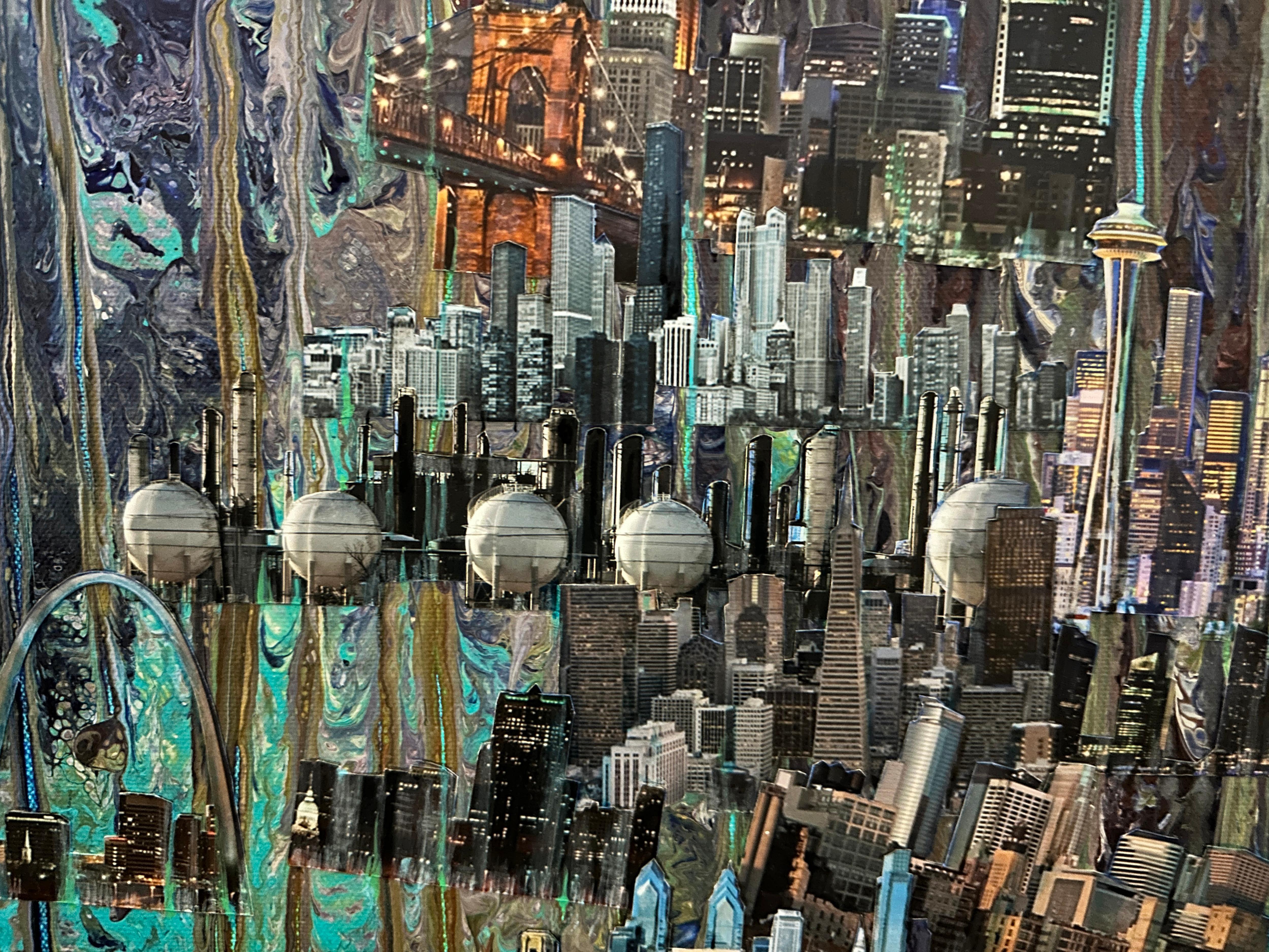 CITYCITYCITYSCAPES, gemustert, Landschaft, leuchtende Farben, Gebäude – Painting von Barbara Strasen