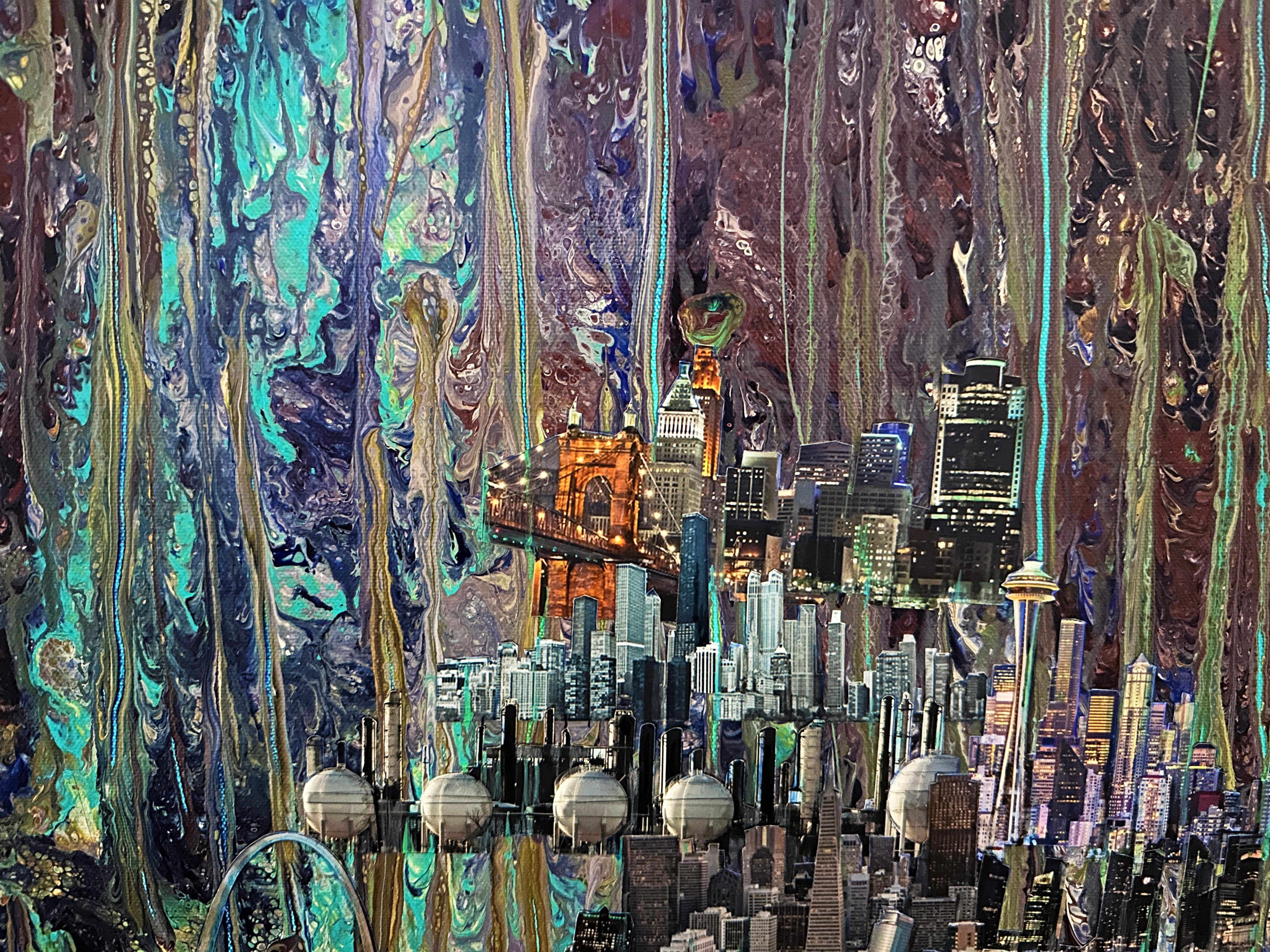 CITYCITYCITYSCAPES, gemustert, Landschaft, leuchtende Farben, Gebäude (Zeitgenössisch), Painting, von Barbara Strasen
