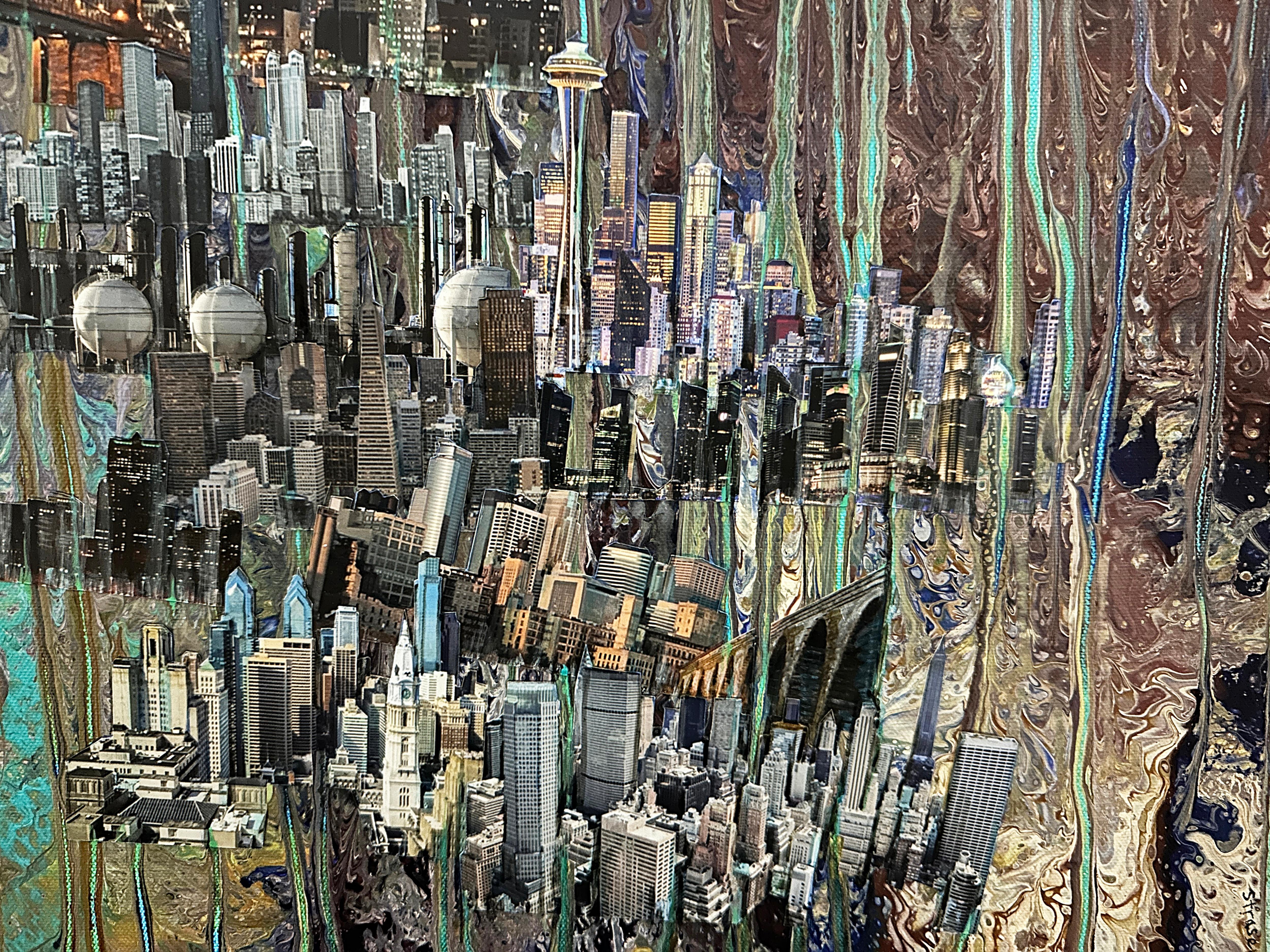 CITYCITYCITYSCAPES, gemustert, Landschaft, leuchtende Farben, Gebäude (Schwarz), Landscape Painting, von Barbara Strasen