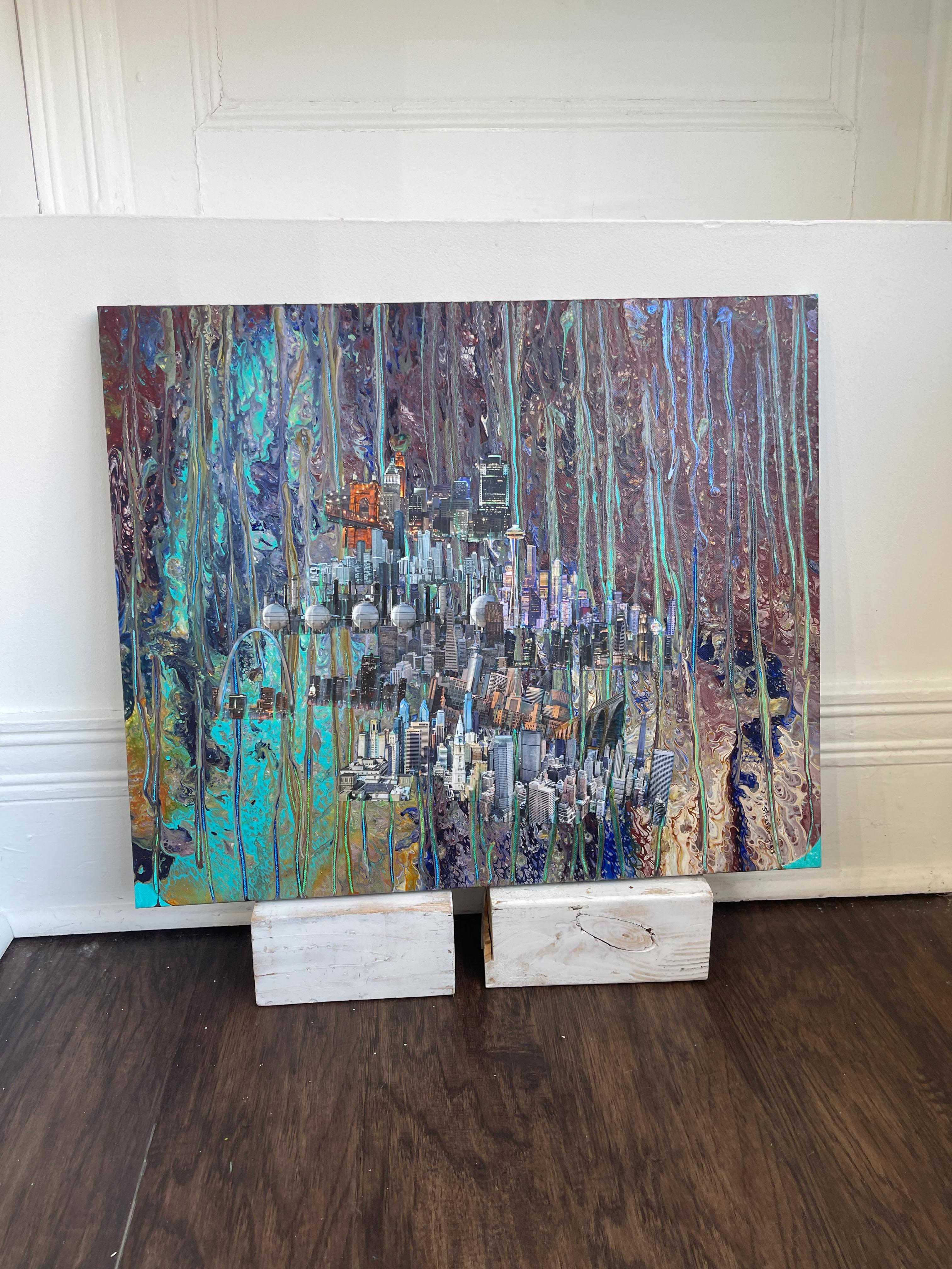 CITYCITYCITYSCAPES, gemustert, Landschaft, leuchtende Farben, Gebäude im Angebot 1