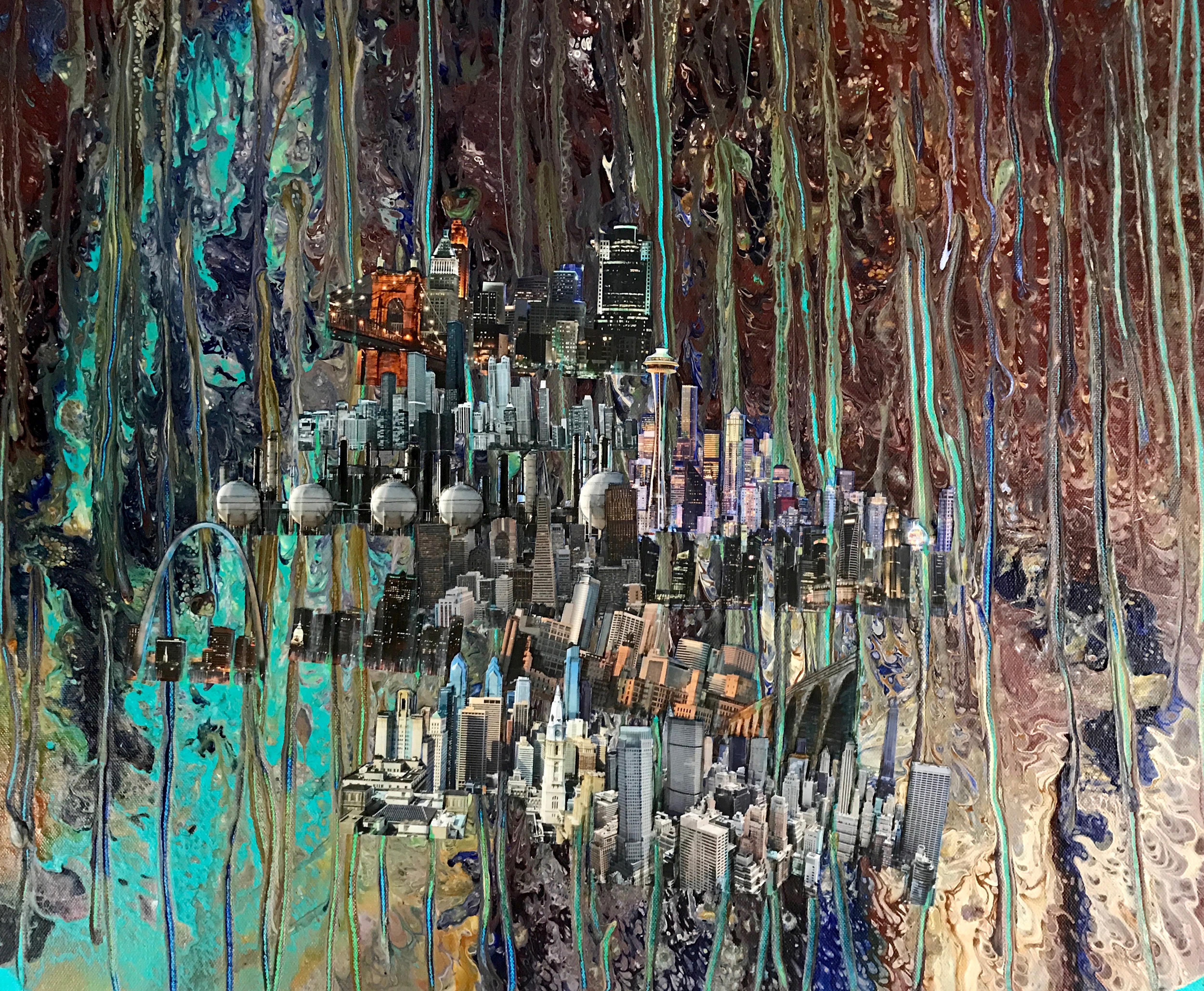 Barbara Strasen Landscape Painting – CITYCITYCITYSCAPES, gemustert, Landschaft, leuchtende Farben, Gebäude
