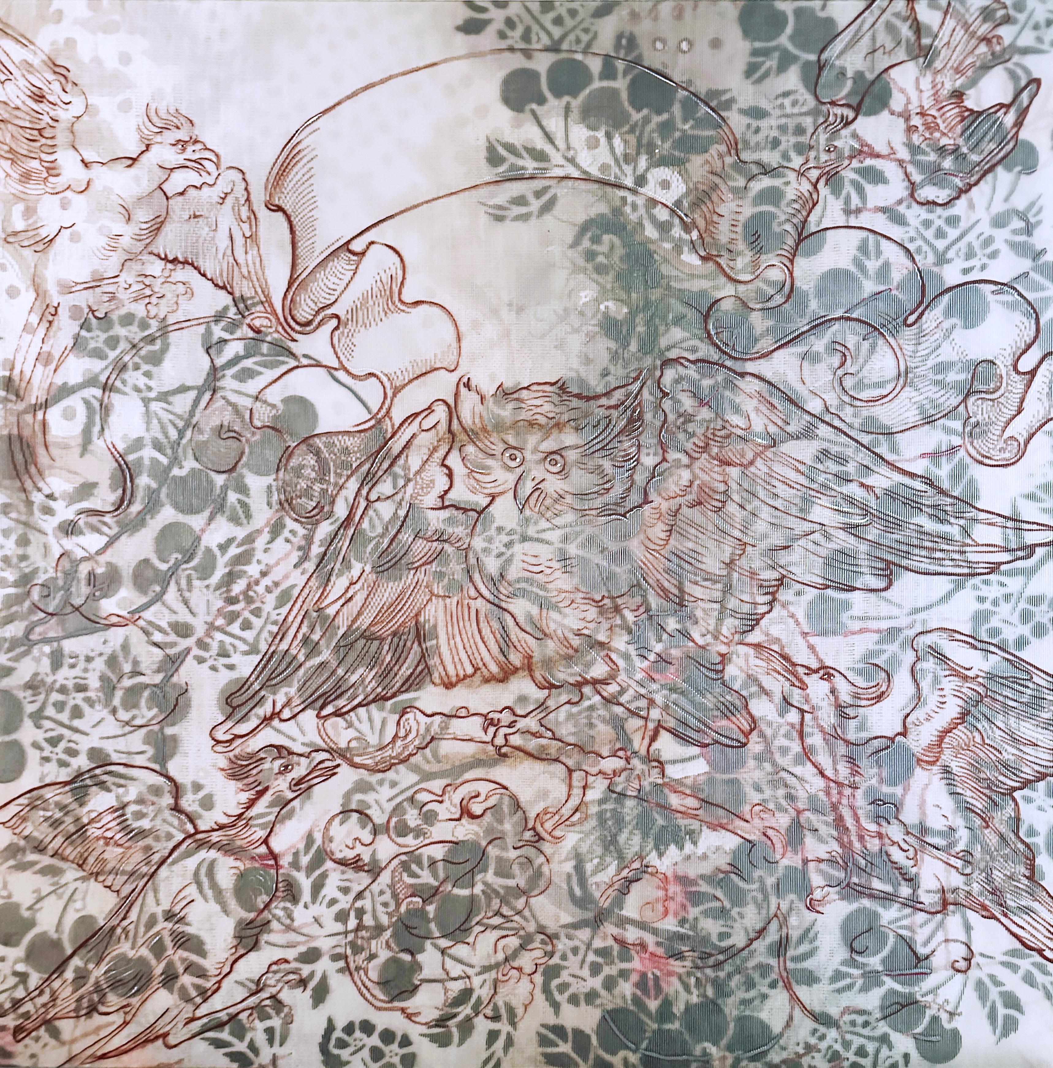 DURER CON CEREZAS, lenticular, motivos, florales, animales, históricos, rosa - Painting de Barbara Strasen