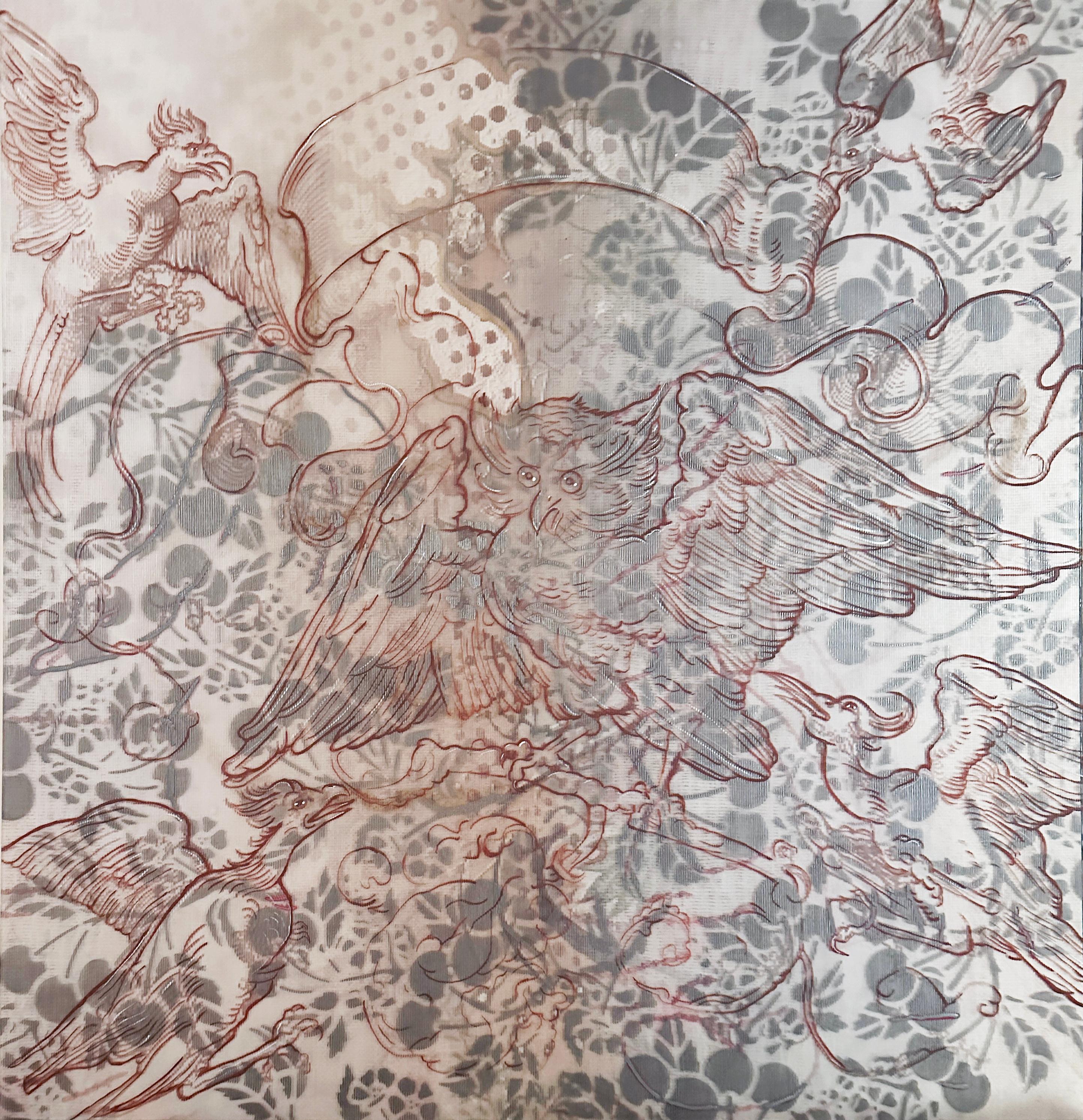 DURER CON CEREZAS, lenticular, motivos, florales, animales, históricos, rosa - Painting Contemporáneo de Barbara Strasen