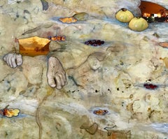 Flux, neutral beige-colored mixed media collage, abstract