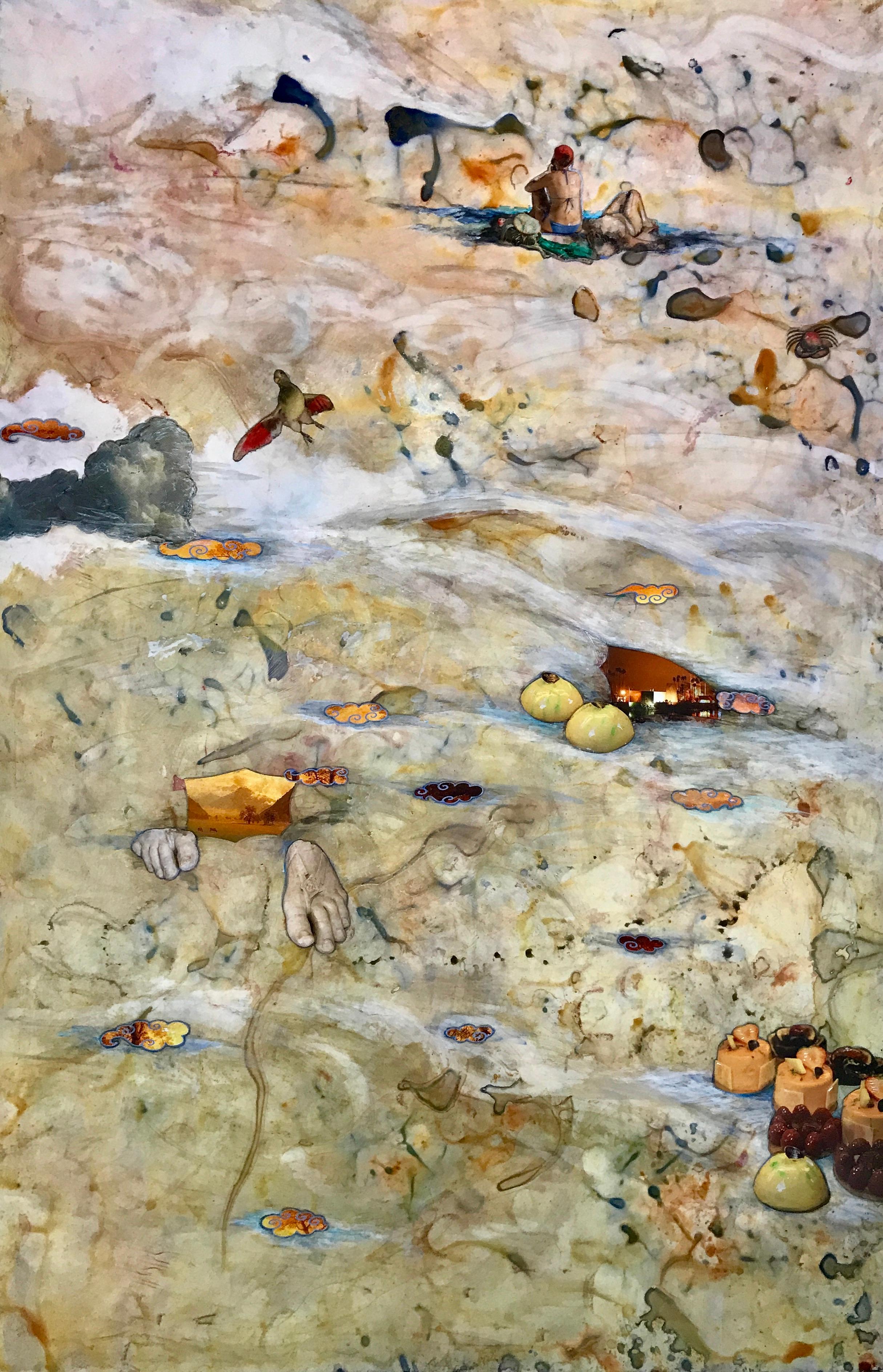Animal Painting Barbara Strasen - Flux, collage de techniques mixtes neutres de couleur beige, abstrait