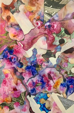 Tráfico en atasco, pieza de técnica mixta abstracta de color rosa brillante y morado