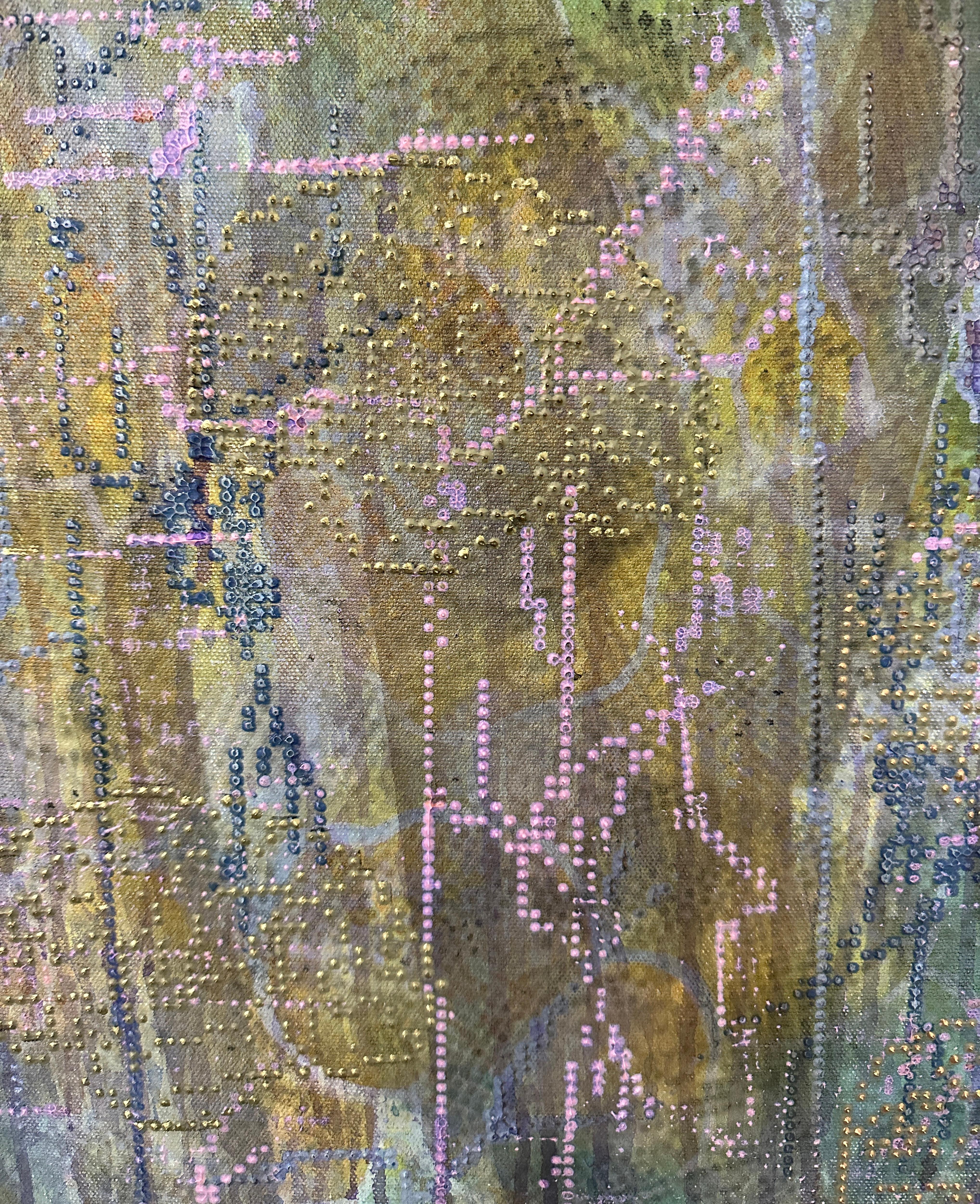 NEEDLEPOINT NEUROLOGY, patterned, pastel, earthtones, texture - Painting by Barbara Strasen
