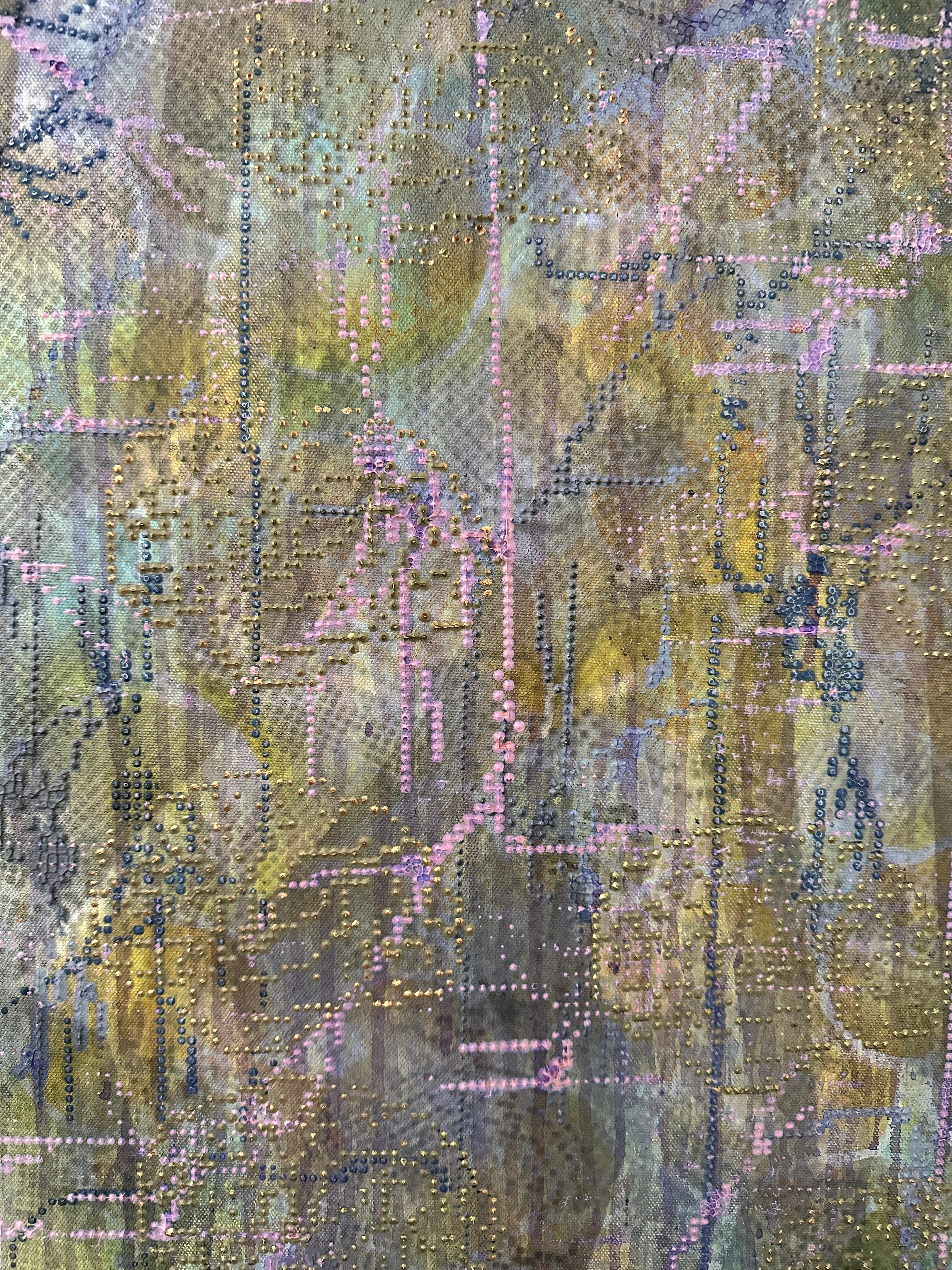 NEEDLEPOINT NEUROLOGY, patterned, pastel, earthtones, texture - Contemporary Painting by Barbara Strasen