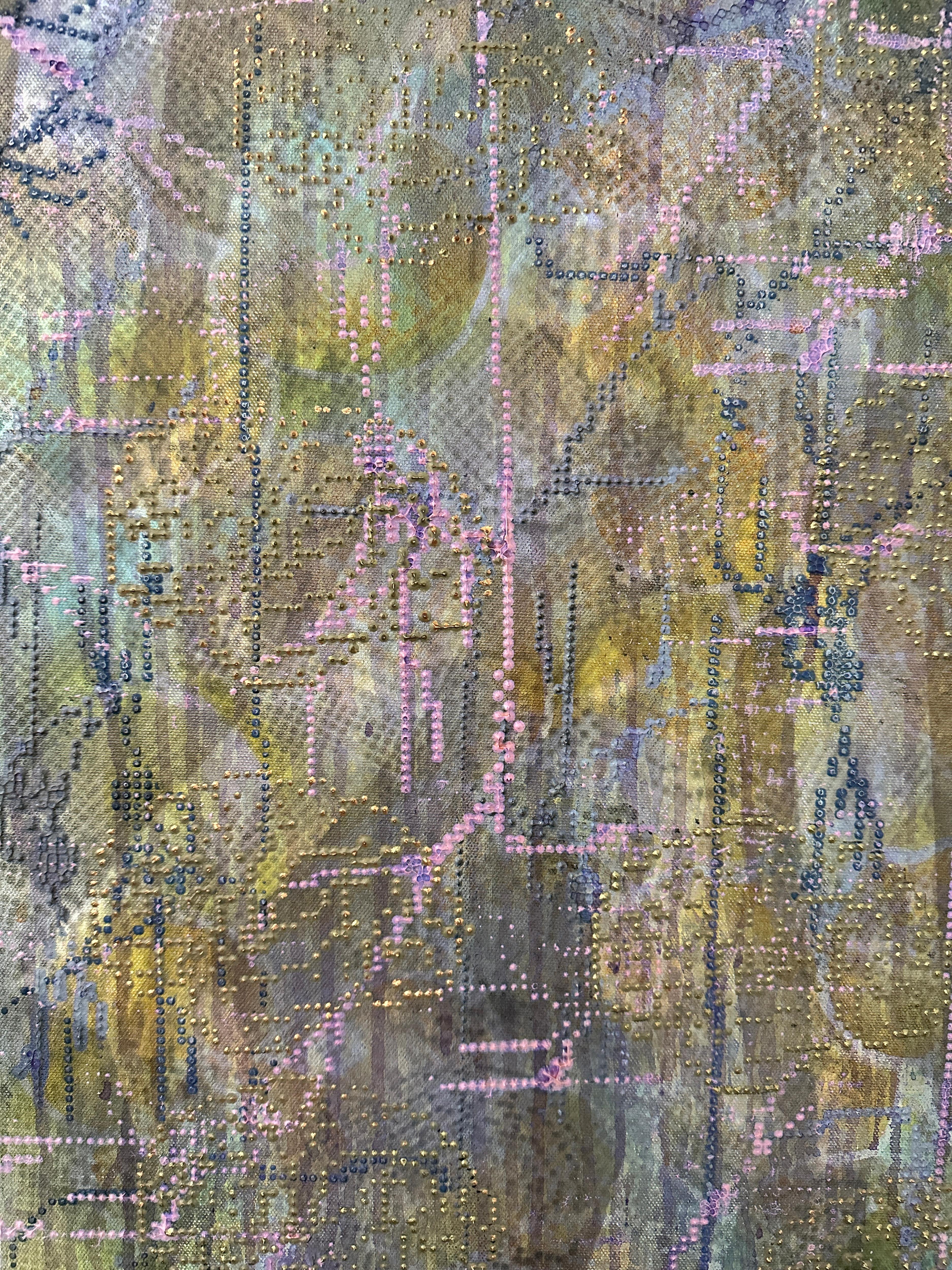 NEUROLOGIA NEEDLEPOINT, fantasia, pastello, tonalità della terra, texture - Painting Contemporaneo di Barbara Strasen
