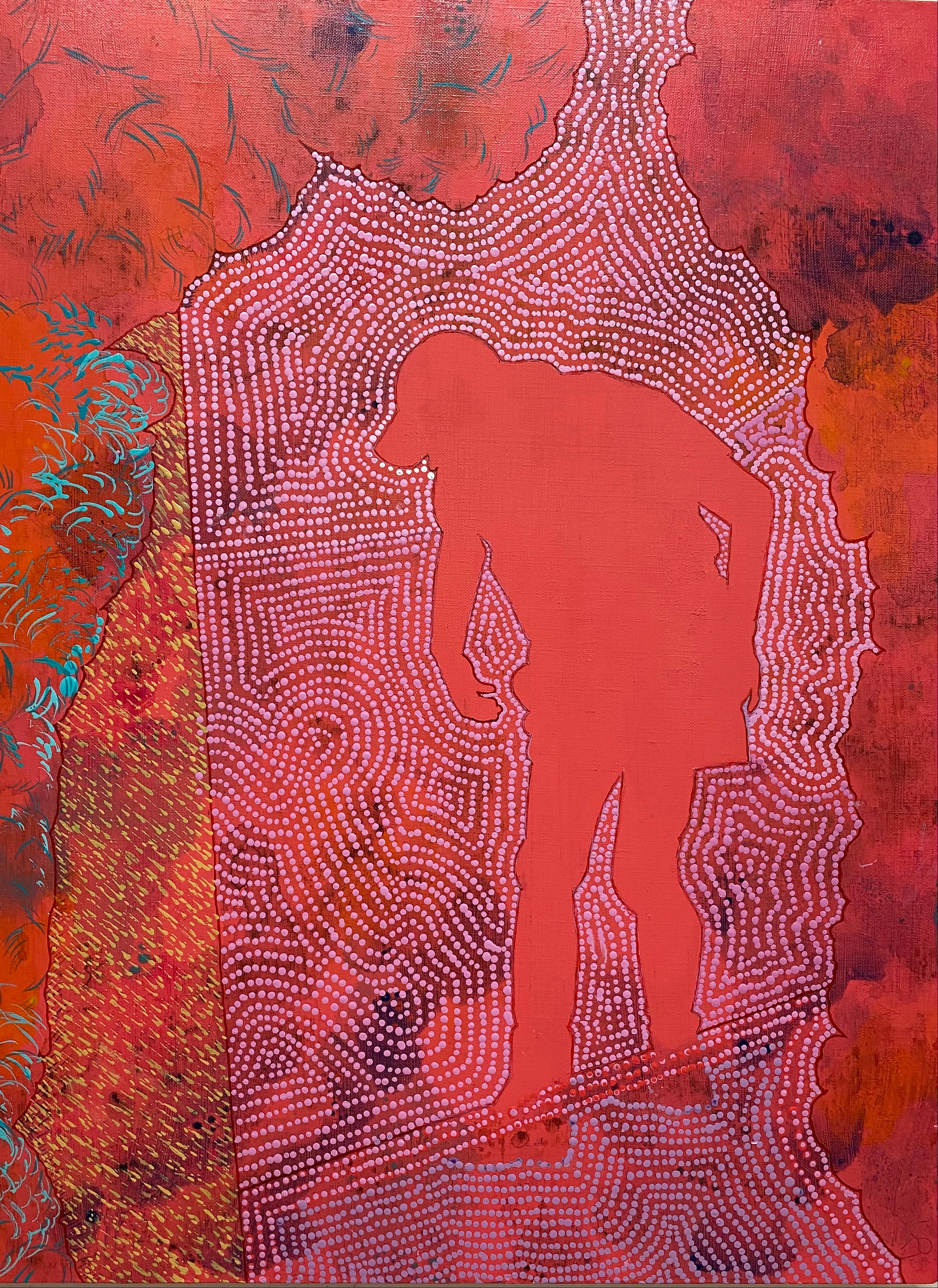Barbara Strasen Figurative Painting - S-FIRST, red, figurative, patterned, abstract