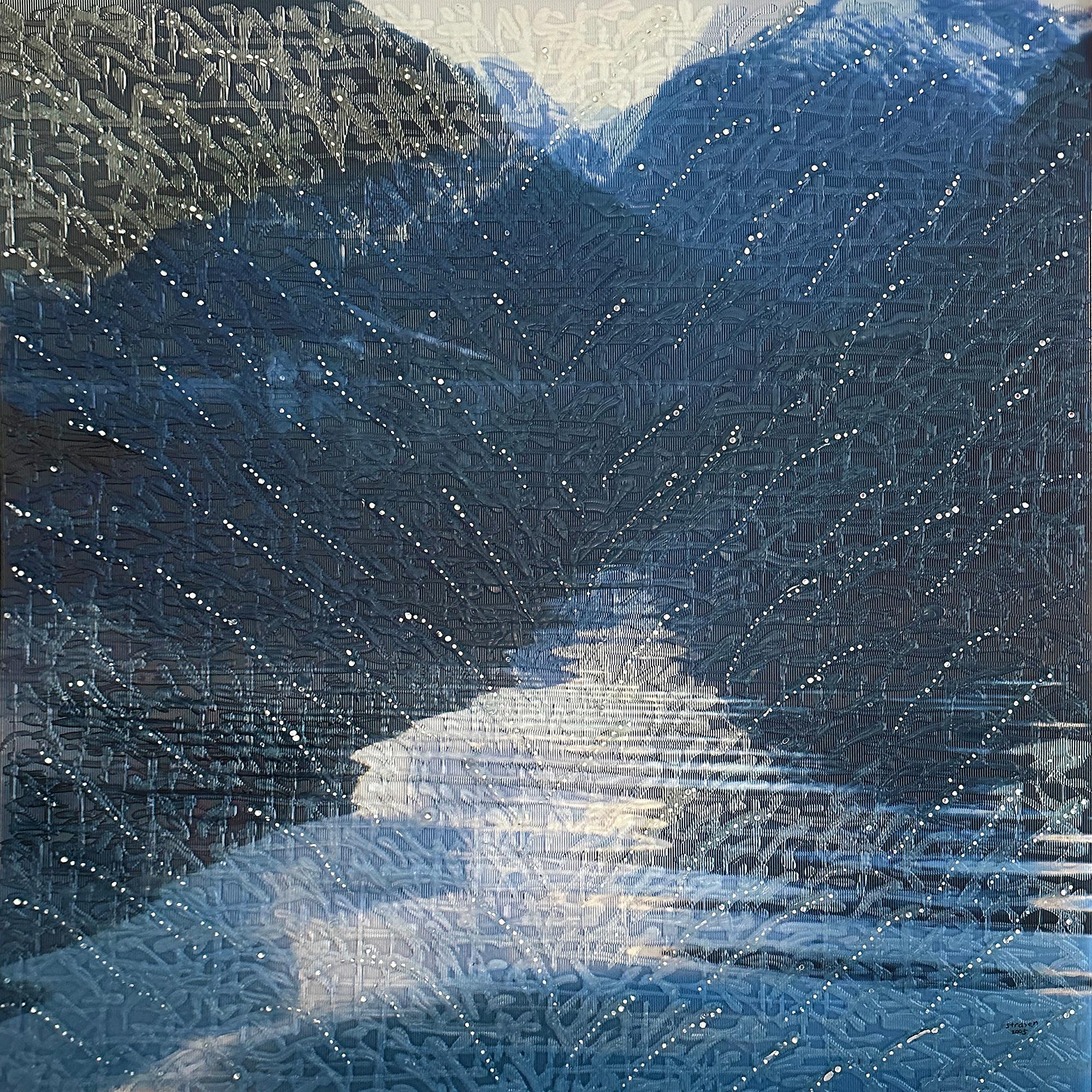 SPLASH MOUNTAINS, Lenticular, patterned, landscape, mountains, blue, gray - Painting by Barbara Strasen