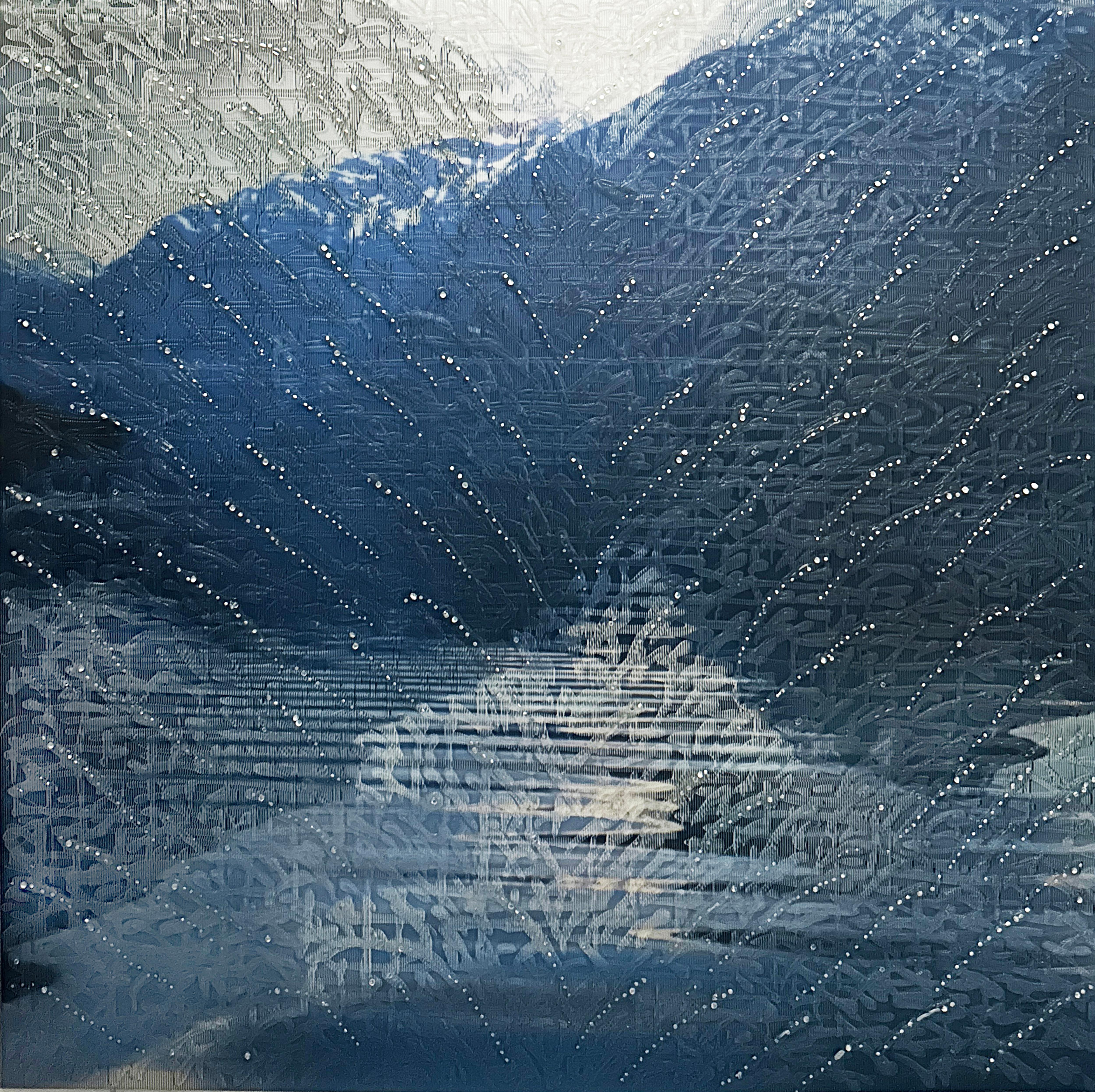 Barbara Strasen Figurative Painting - SPLASH MOUNTAINS, Lenticular, patterned, landscape, mountains, blue, gray