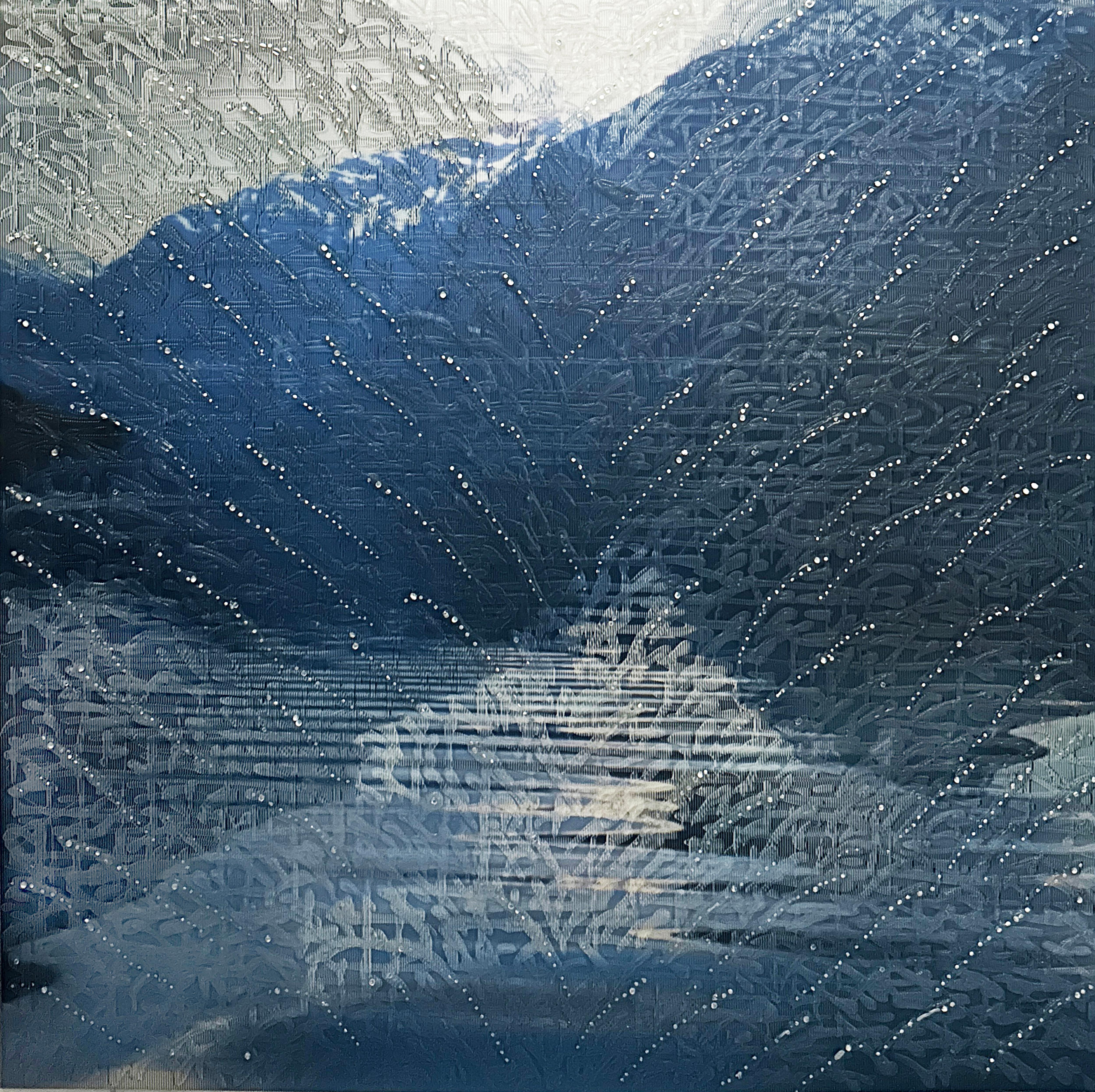 Figurative Painting di Barbara Strasen - SPLASH MOUNTAINS, Lenticolare, fantasia, paesaggio, montagne, blu, grigio