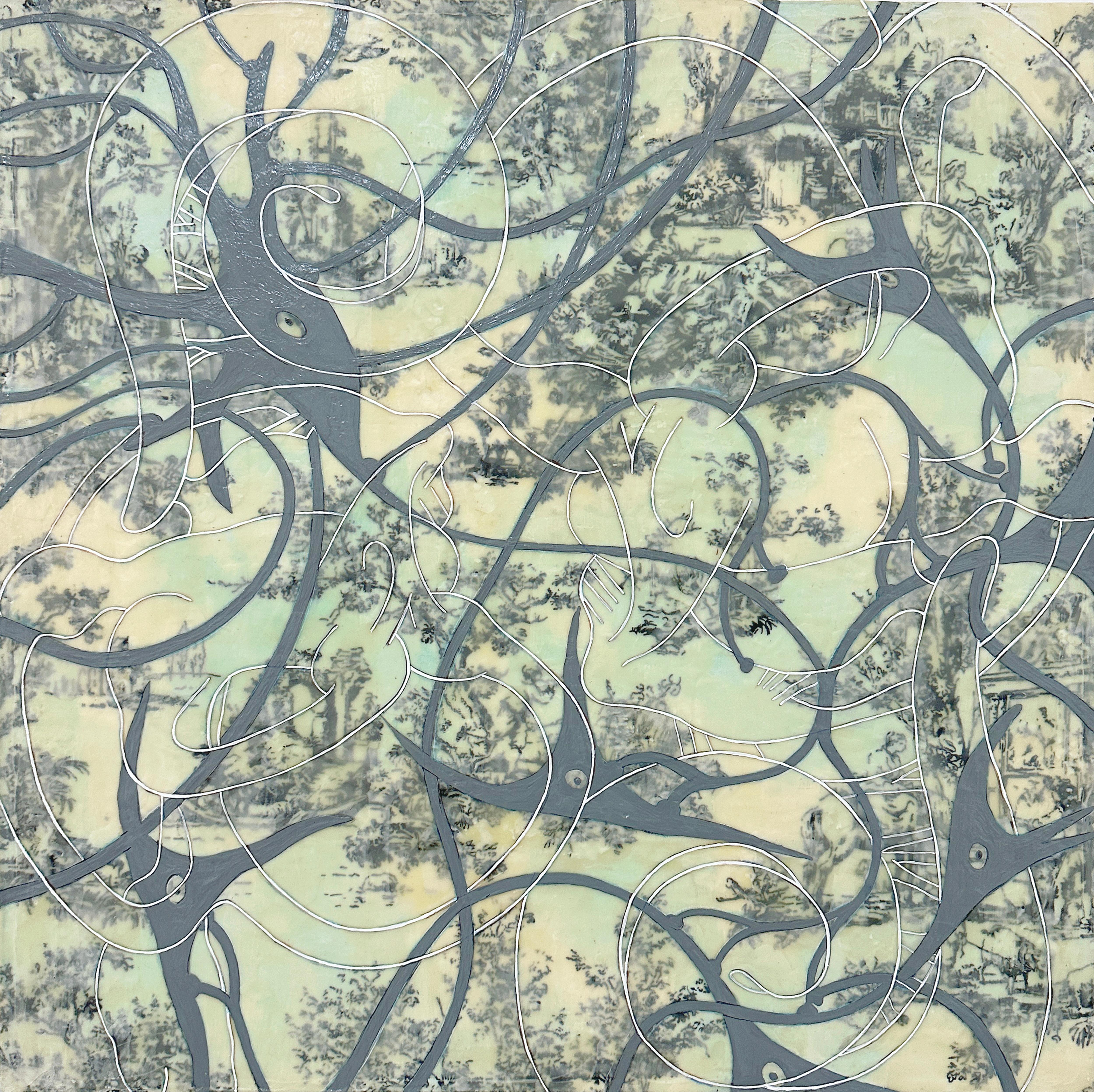 TOILE NEURONS, gris, pastel, jaune, bleu, motif