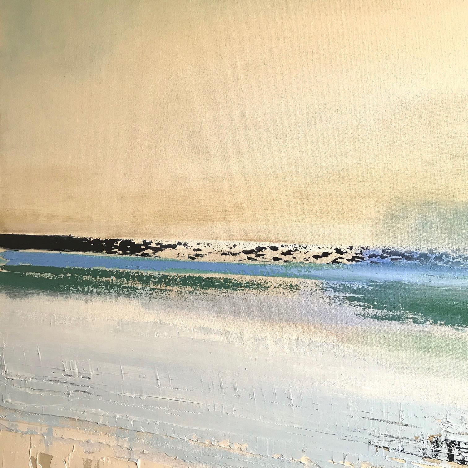 Cette huile originale sur toile de lin de Barbara Sussberg représente un paysage marin aux doux bleus, verts et blancs cassés.  Elle est audacieuse mais calme et se caractérise par son sens intuitif de la couleur, de la lumière et des effets de