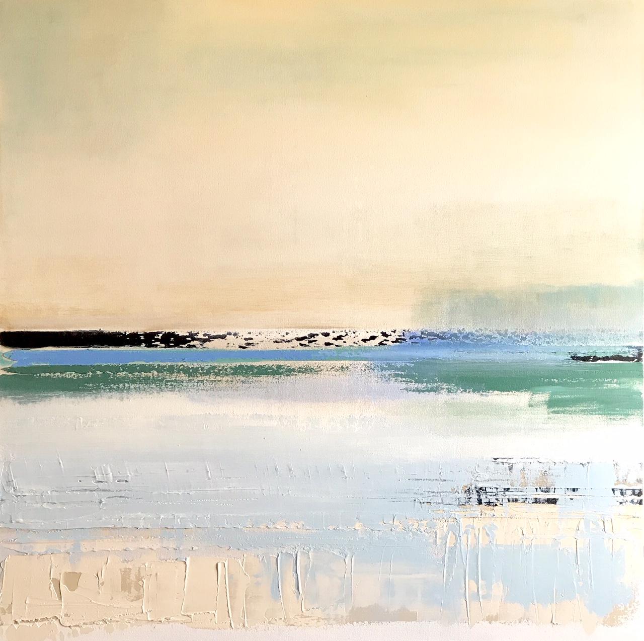 Landscape Painting Barbara Sussberg - BLUE HORIZON, huile sur toile, peinture au couteau à palette