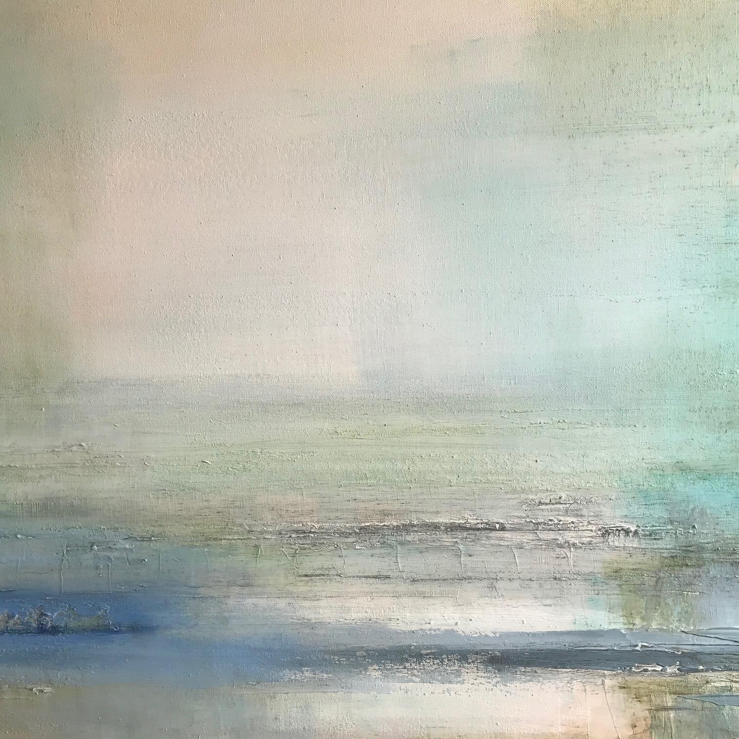 BY THE TURQUOISE SEA, Oil on canvas, Palette knife painting - Abstract Painting by Barbara Sussberg